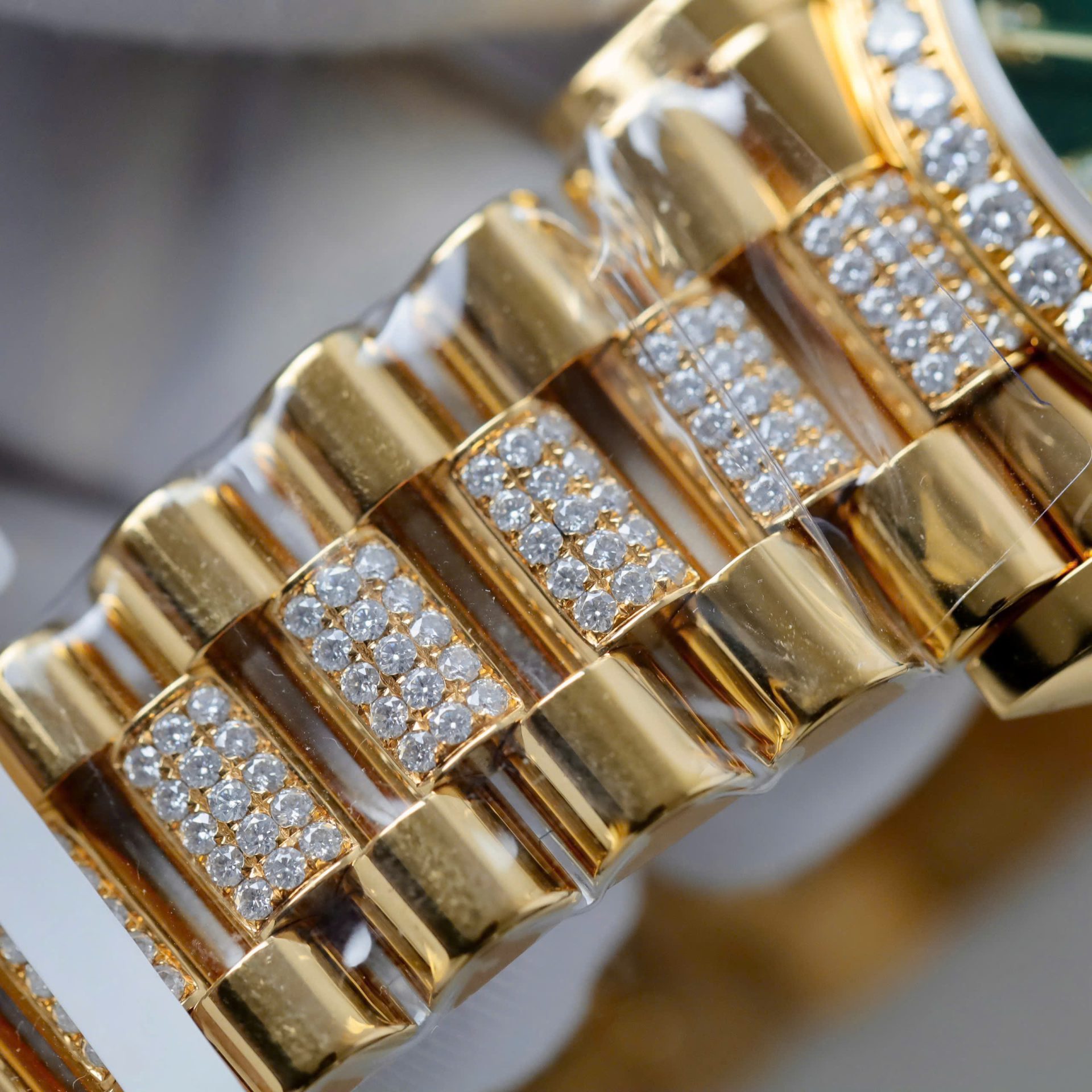 Rolex Day-Date Dial Green Ombre Copies Watch Gold Wrapped + Diamonds Moissanite Custom 36mm - Elite Watch Atelier