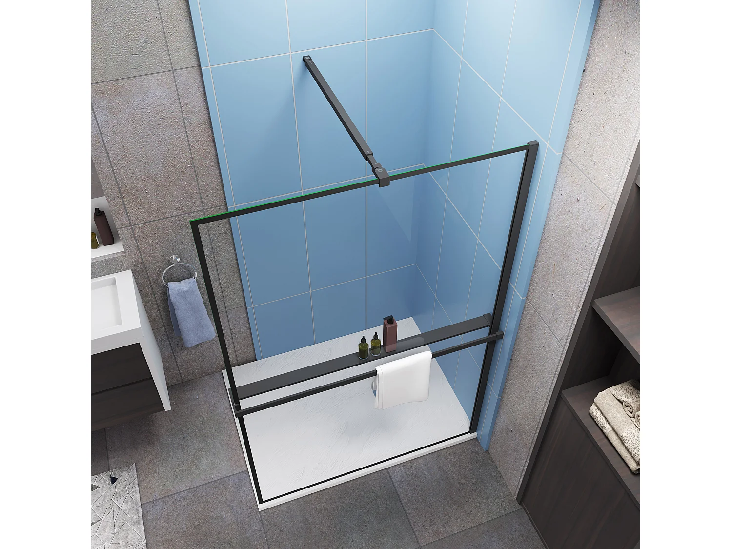 Paroi de douche à l'italienne noir 120x200cm - 8mm verre anticalcaire Avec Étagère de Douche 120cm en alu noir + barre de fixation noir 73-120cm