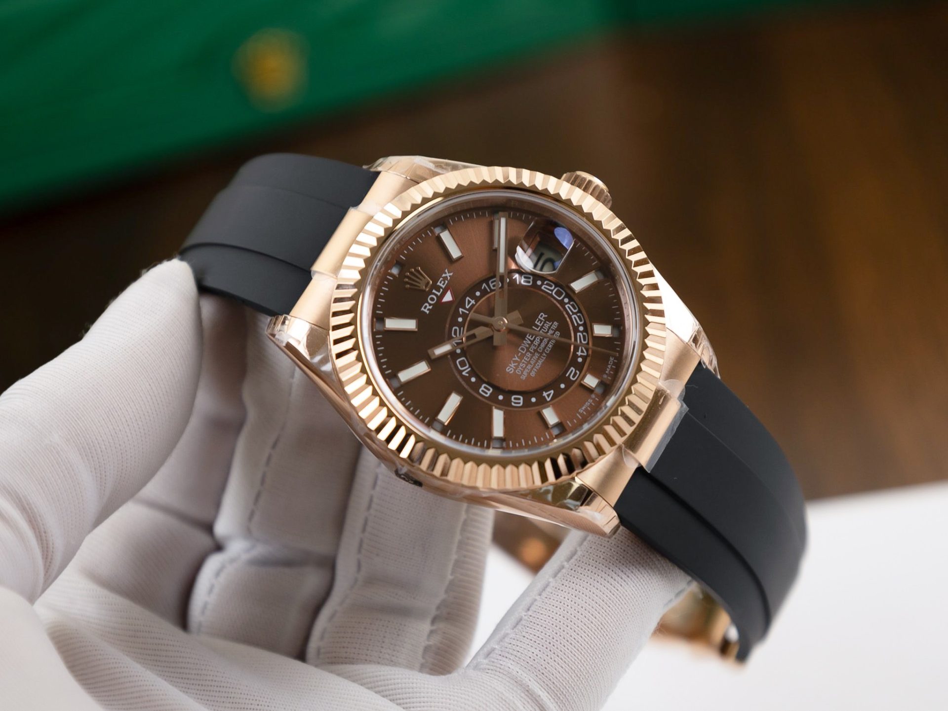 Rolex Replica 1:1 Watch Sky Dweller Chocolate Dial Rubber Strap 42mm - Elite Watch Atelier