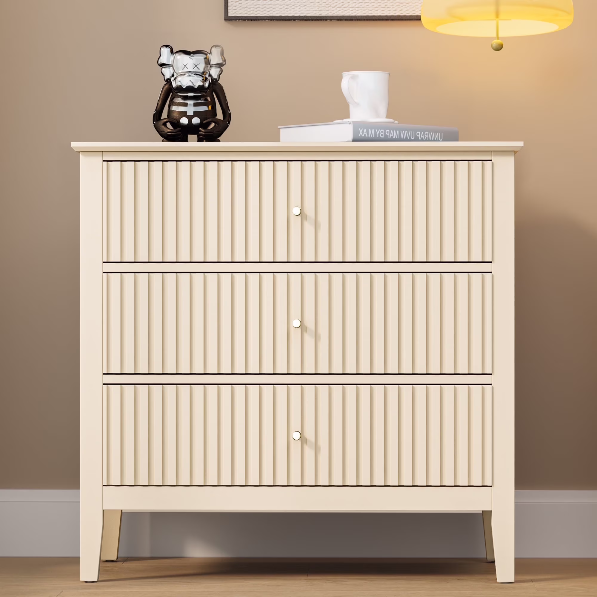 May Color Large White 3 Drawer Dresser Set of 2 with Fluted Panel, Modern Chest of Drawers with Silent Slide Drawers, Wood Accent Nightstand with Storage for Bedroom Living Room, Hallway - Image 10
