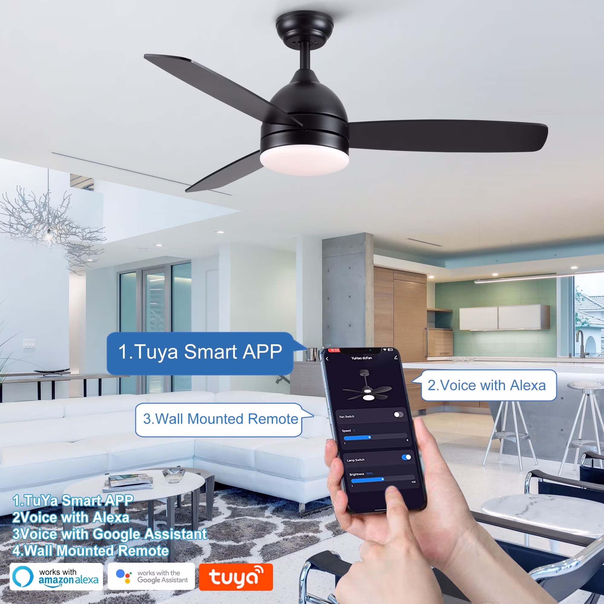 Wellspeed 28 in. Kids Ceiling Fan with Light and Remote, Dimmable Fanlight for Bedroom Indoor Baby Room Hallway, Light Fan with Stepless Color Temperature, Memory Function, 3 Blades, Black