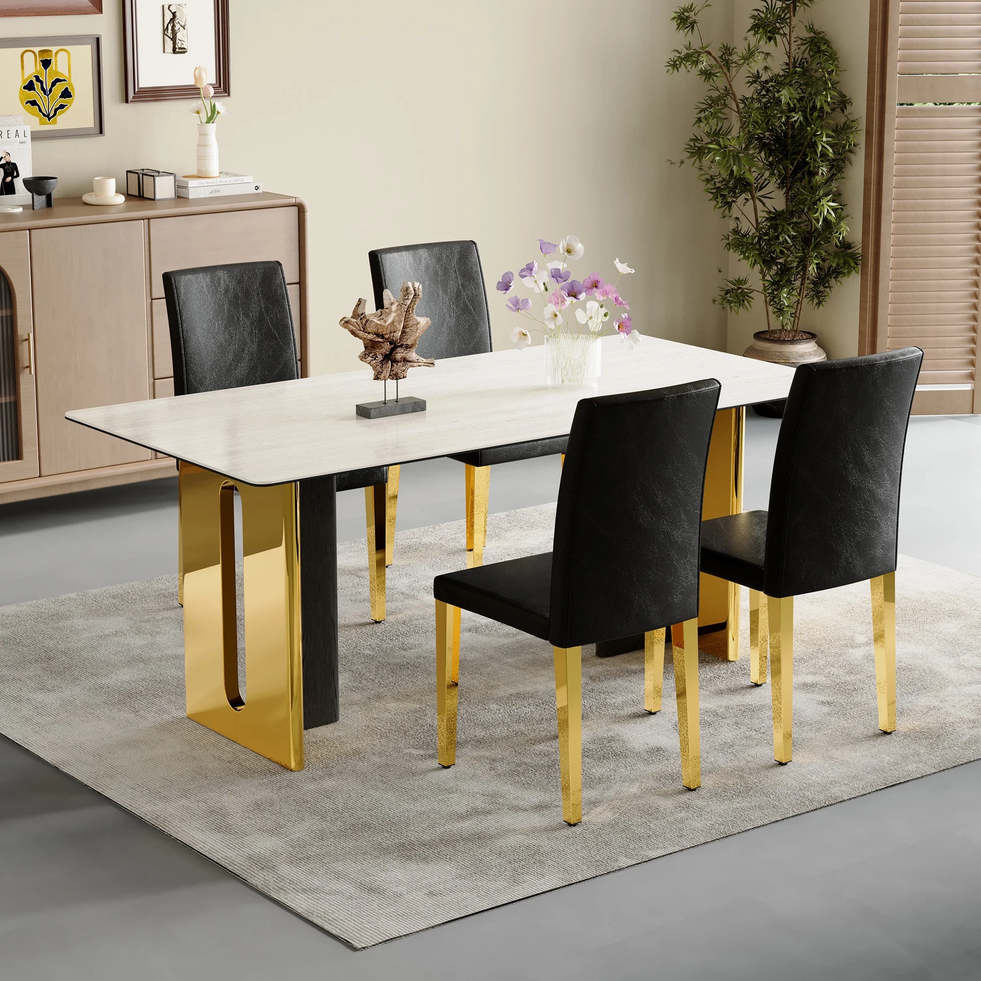 Set of 4 black PU leather backrest chairs with gold metal legs -A perfect pairing, ideal for minimalist and modern home decor styles, with product dimensions of 16.2*18.5*34.6 inches.