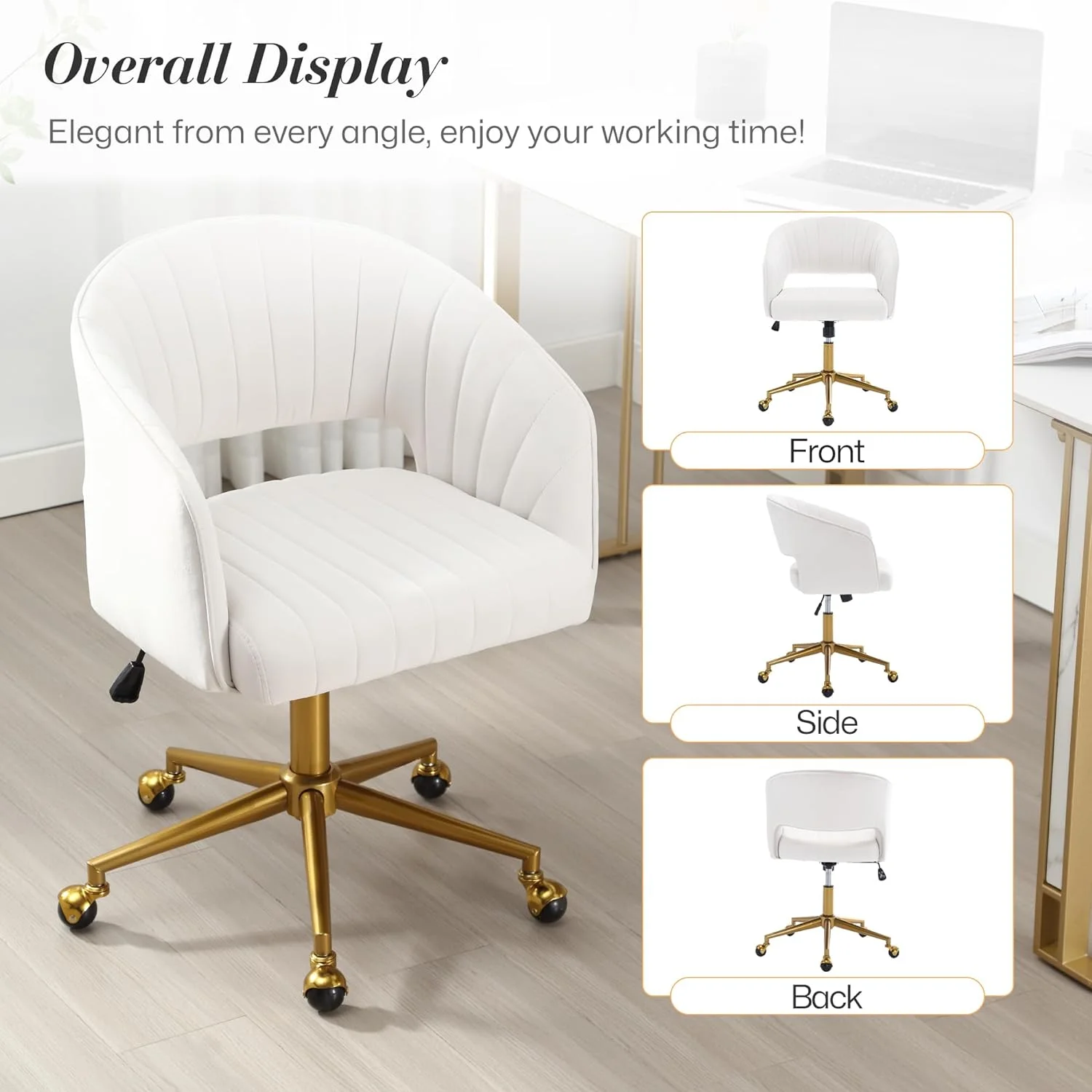 Home Office Swivel Desk Chair, Modern Velvet Vanity Chair, Height Adjustable Armchair with Gold Base, Ergonomic Office Chair for Task Study Computer Room, Beige - Image 13