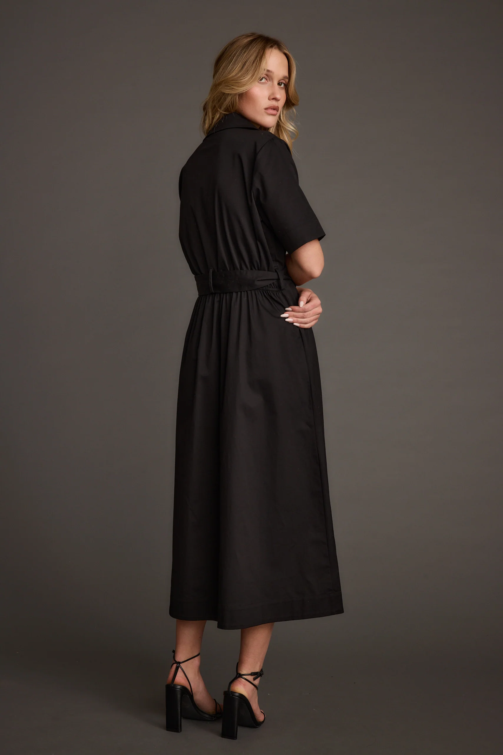 Leena Black Button Front Belted Midi Dress