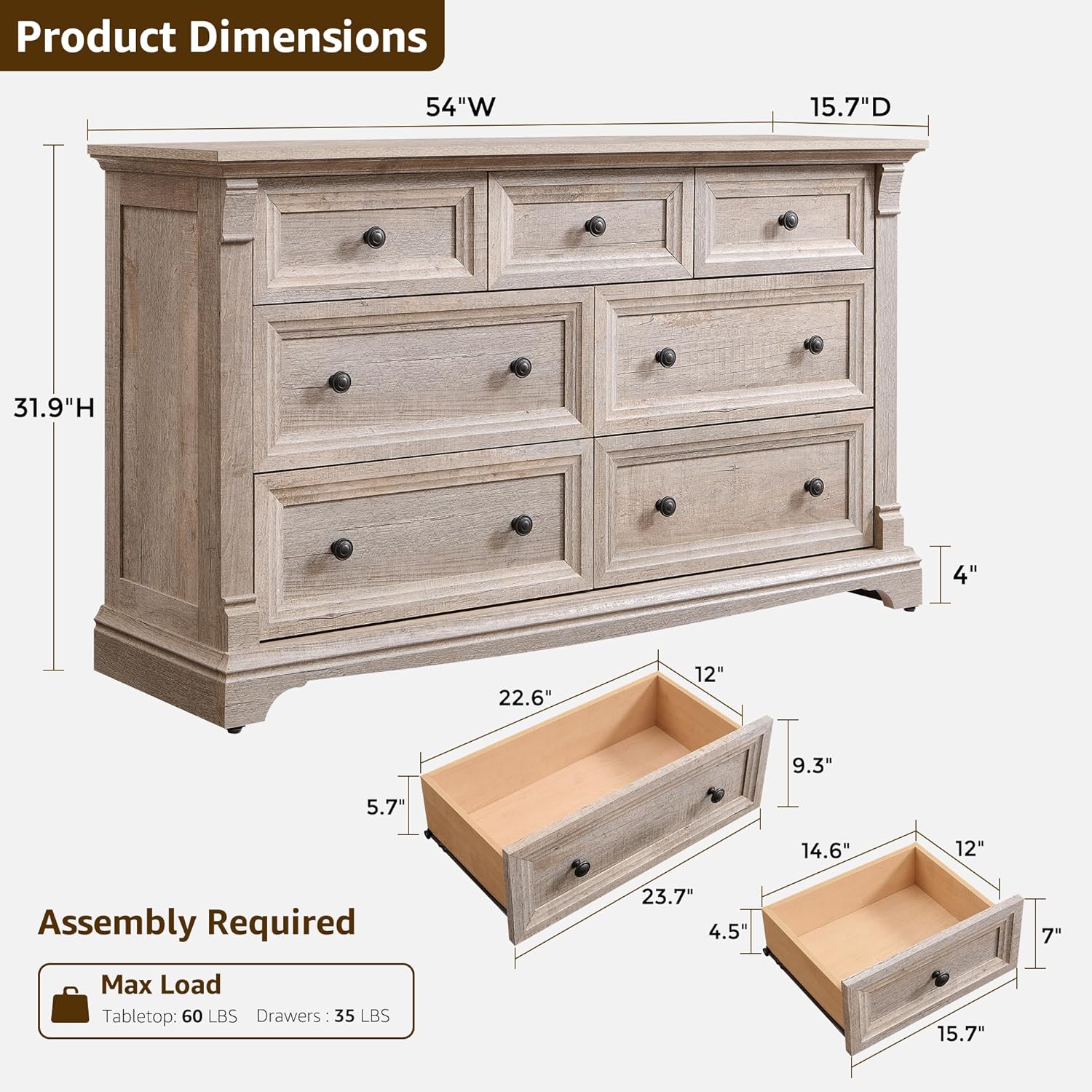 T4TREAM Farmhouse 7 Drawers Dresser for Bedroom, 54