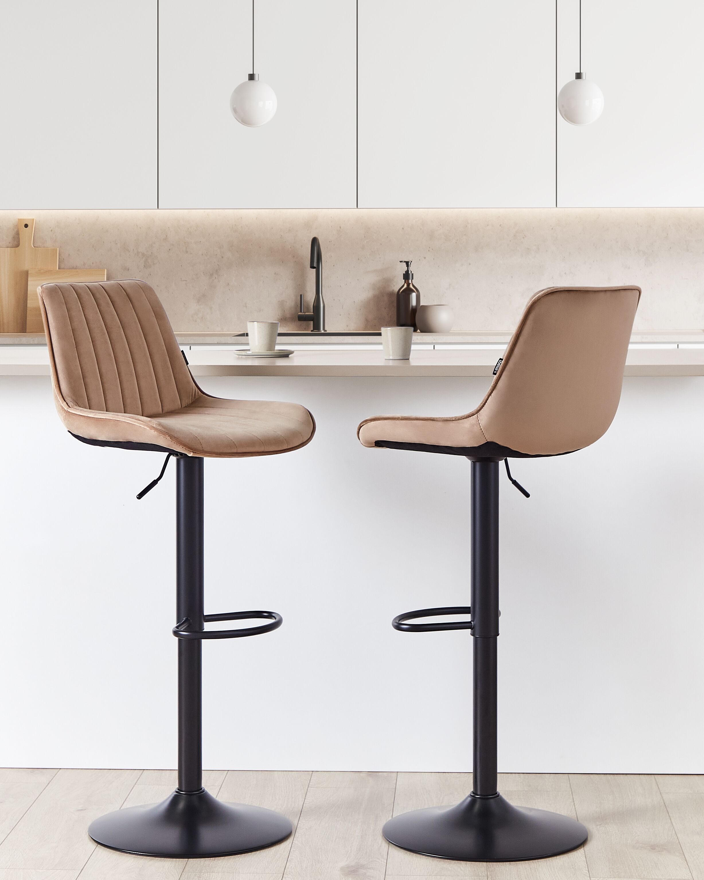 Set of 2 Bar Chairs DUBROVNIK Velvet Swivel Light Brown