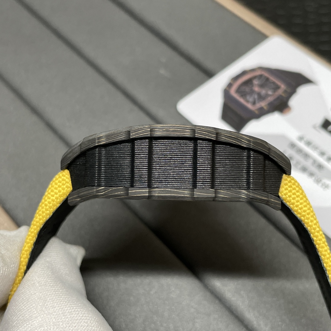Swiss Replica Richard Mille RM 12-01 Tourbillon Watch �C Bold Yellow Fabric Strap, Carbon Fiber Barrel Case, Skeleton Dial - Top club
