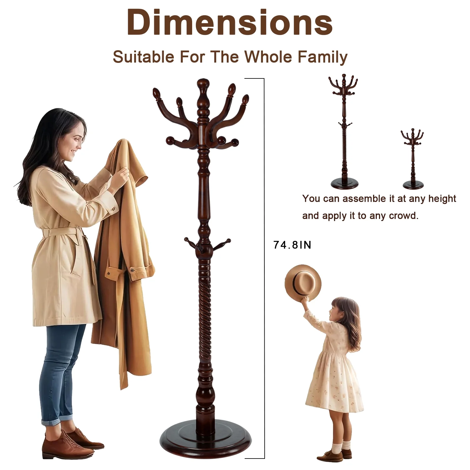 Coat Rack Freestanding, Hall Tree with 11 Hooks, Heavy Duty Wooden Coat Tree Stand, Adjustable Height, Sturdy Base for Bedroom Hallway Office - Load 270lbs - Image 4