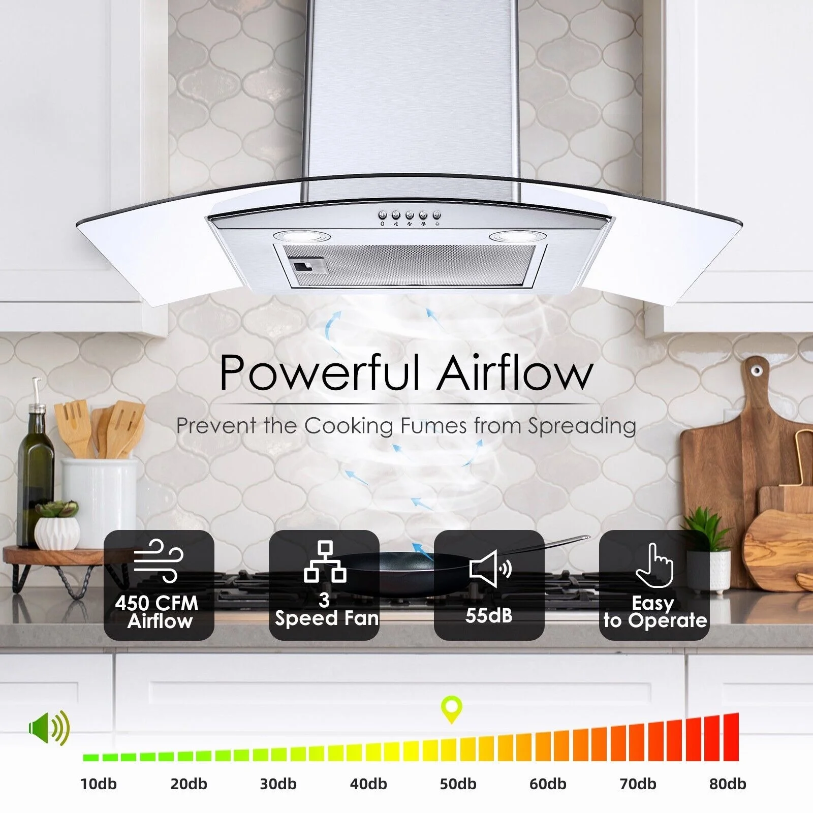 30 inch Kitchen Stainless Wall Mount Range Hood 450CFM Stainless 3-Speed with Led Bulb Dishwasher Filter For Burner 120V