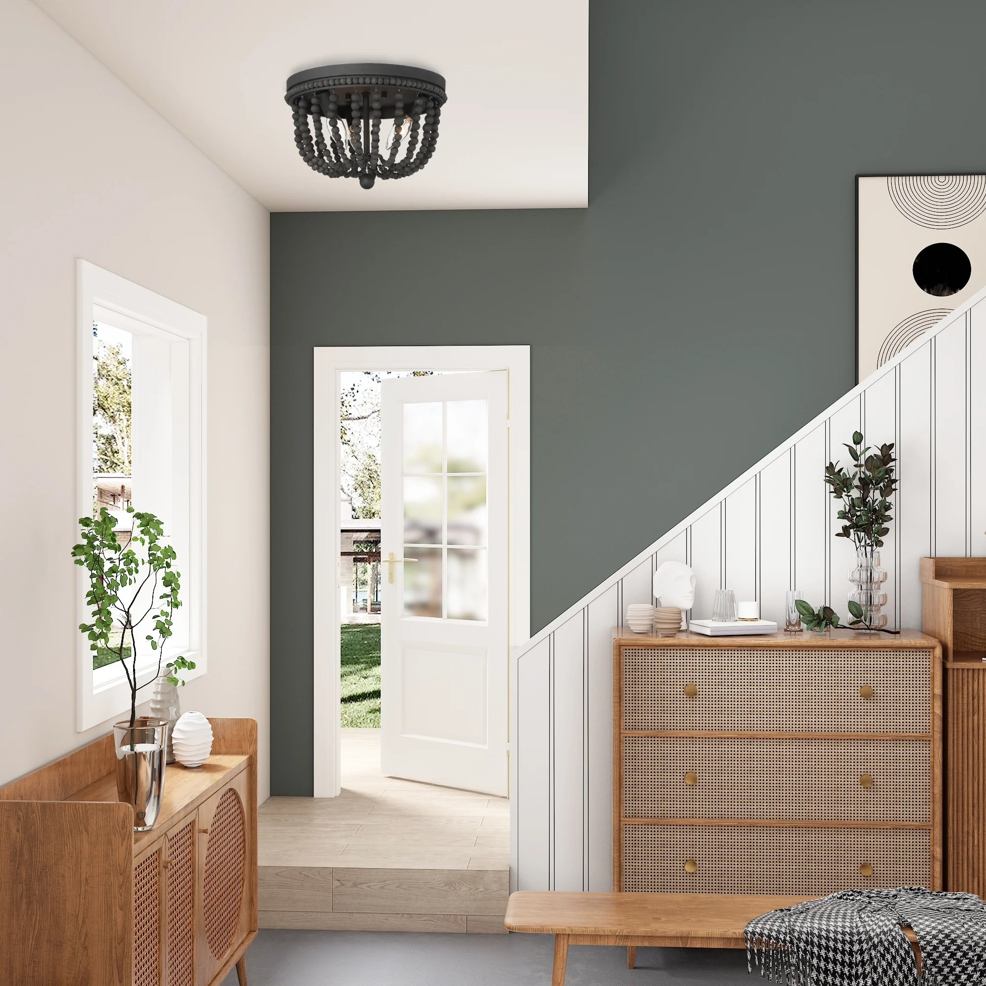 ACROMA Fidenza 3-light Boho Beaded Flush Mount Ceiling Light Farmhouse Coastal Dome Lighting Aged Zinc