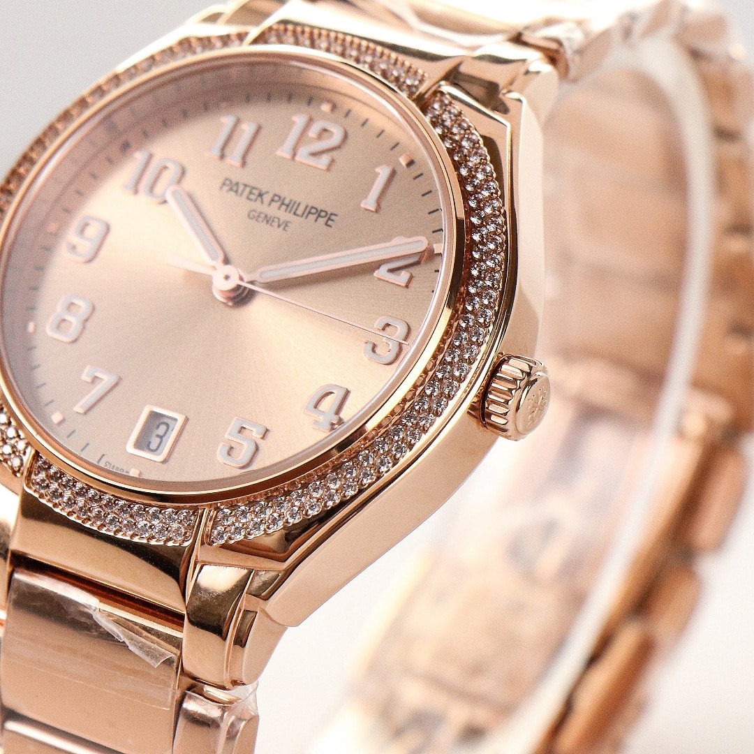 Fake Diamond Watch Replica Patek Philippe Twenty~4 Ladies Rose Gold Brown Sunburst 7300/1200R-001(1:1 replica) - Top club
