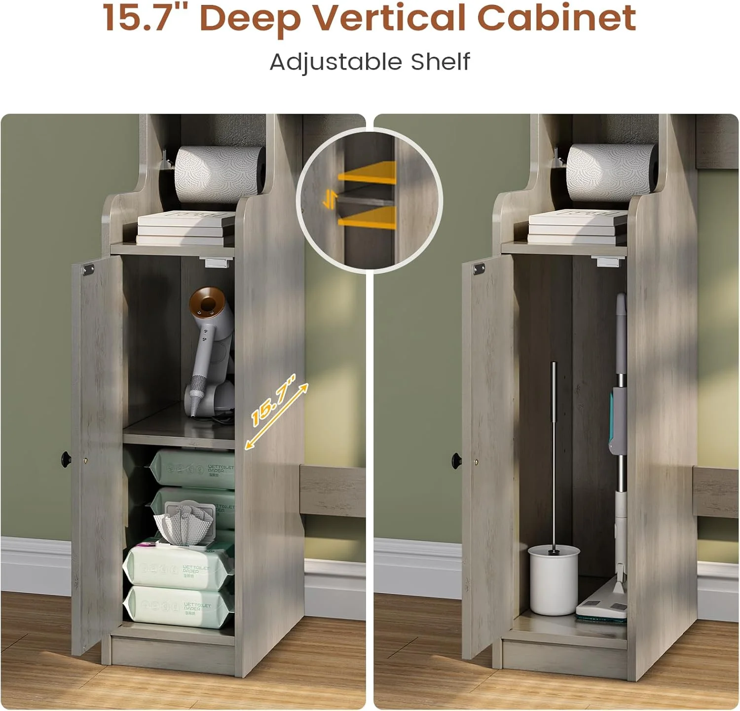 Over The Toilet Storage Cabinet with 3 Doors, Farmhouse Space Saver for Bathroom Organizer with Paper Holder, 10 Shelves and Hooks, 7-Tier Over Washing Machine Cabinet for Laundry, Bathroom, Natural - Image 26