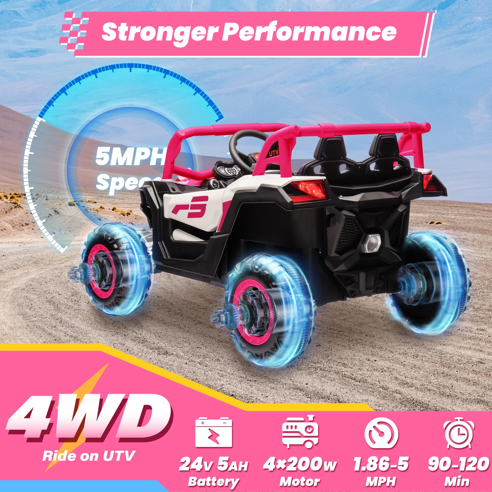 Joyracer 4WD 24 Volt Ride on Toys, 2 Seater Power Car wheels UTV with 800W Motors, Remote Control, Bluetooth Music, Spring Suspension, LED Light, Pink - Image 4