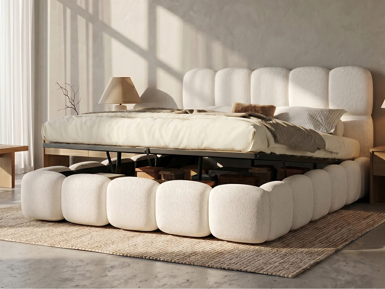 Lit double coffre capitonné 180x200 cm - avec sommier à lattes - tissu bouclé - blanc (matelas non inclus)