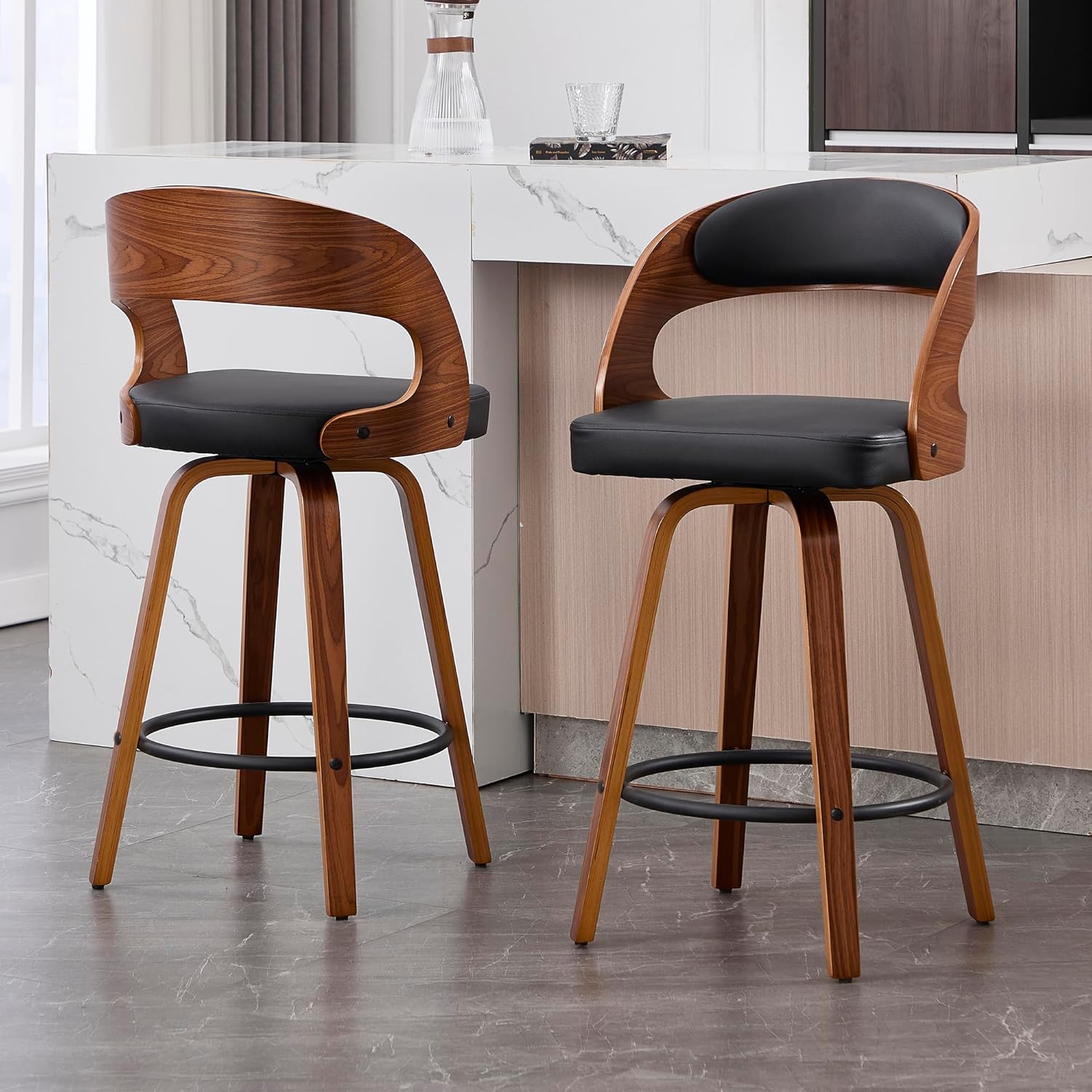 Swivel Bar Stools Set of 2, Walnut Counter Height Bar Stools with Back and Arms, 26