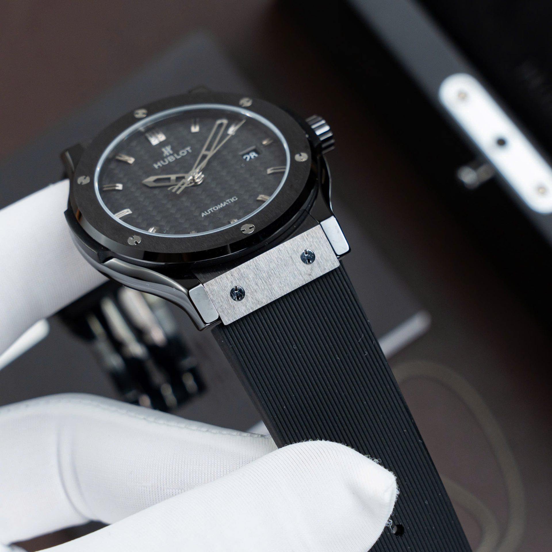 Hublot Classic Fusion Ceramic Replica Watch Carbon Dial Rubber Strap 42mm - Top club