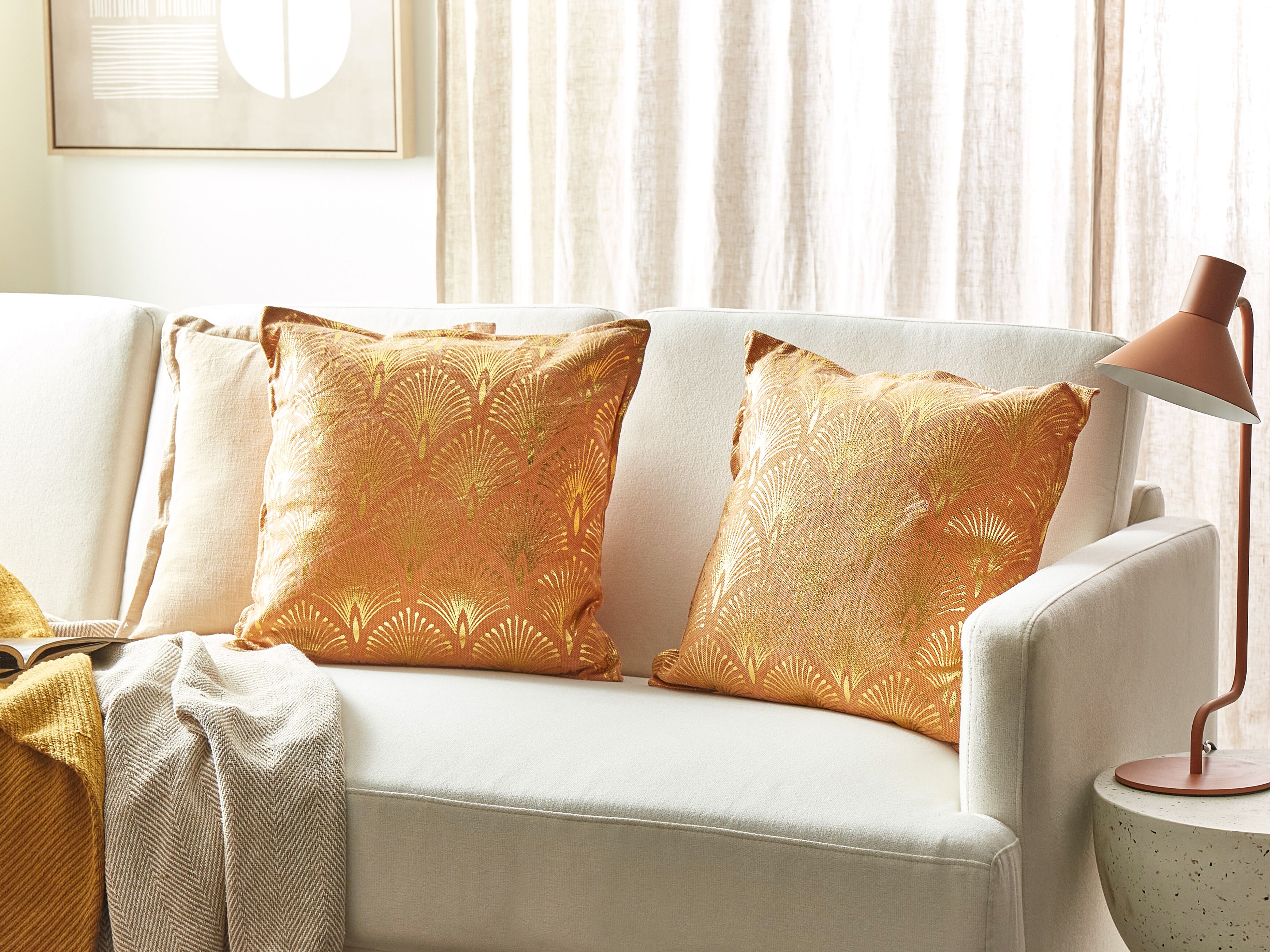 Set of 2 Decorative Cushions HOYA Cotton 45 x 45 cm Orange Geometric Pattern
