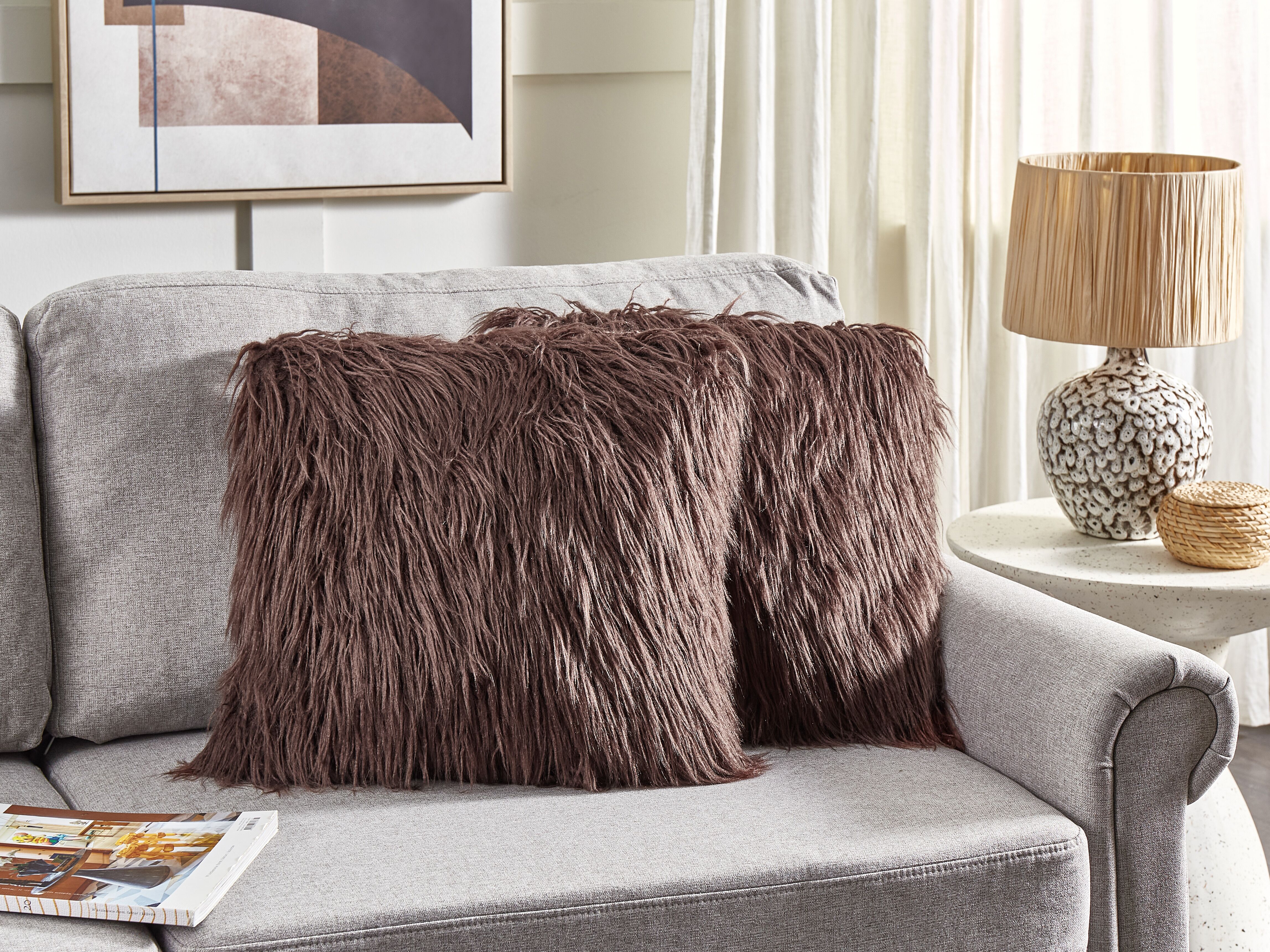Set of 2 Decorative Cushions COROKIA Faux Fur 45 x 45 cm Brown Solid