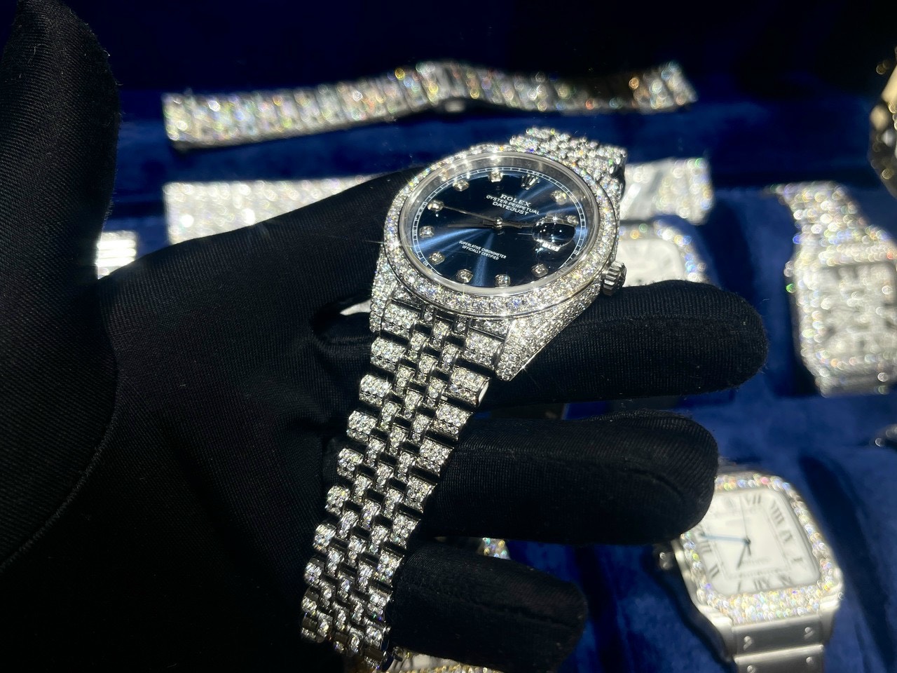 Rolex Best Replica Watch DateJust Dial Blue Custom Full Diamonds Moissanite 41mm - Elite Watch Atelier