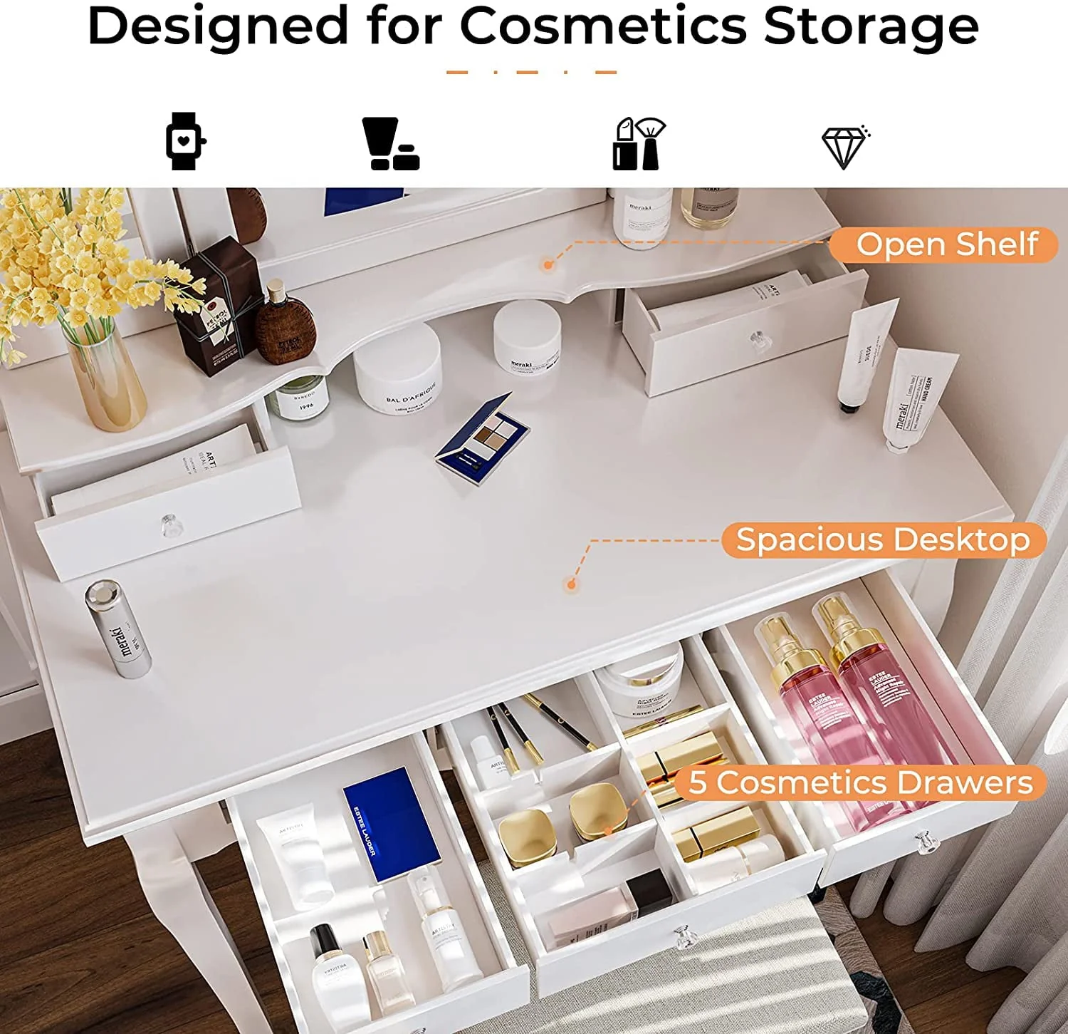 Makeup Vanity Set Desk Table with with Lights & Tri-Folding Mirror,Dressing Table with Cushion Stool & 5 Drawers, White - Image 10