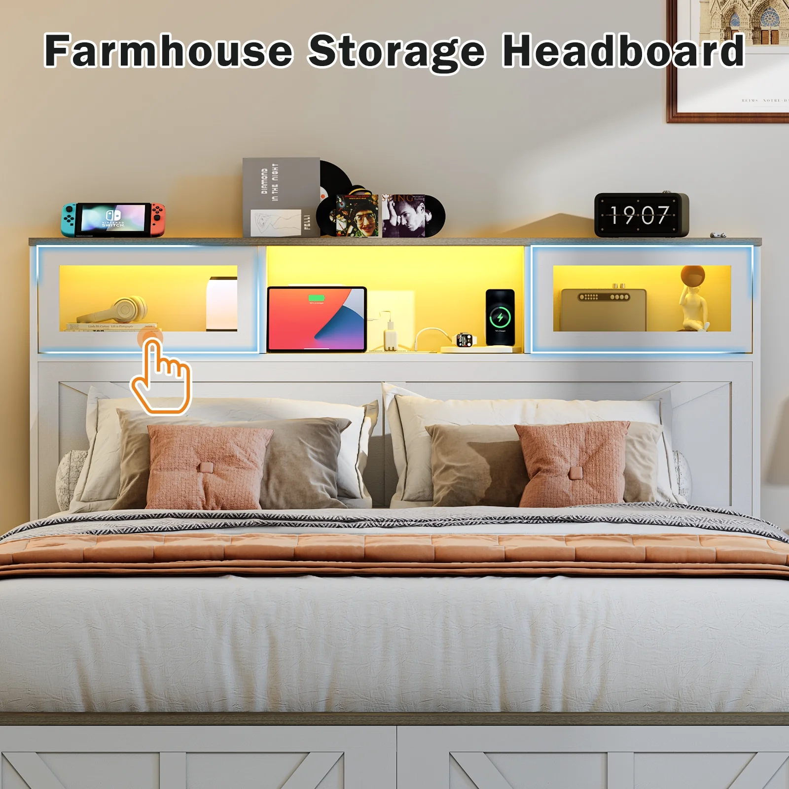 Full Size Bed Frame with Headboard, Full Bed Frame with Charging Station, LED Beds with 2 Storage Drawers,  Wood Farmhouse Bedframe, White