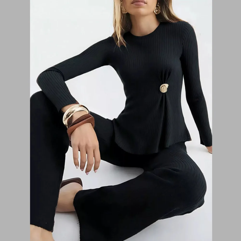 Ribbed Knit Round Neck Top and Pants Sweater Set - ZKZOOK