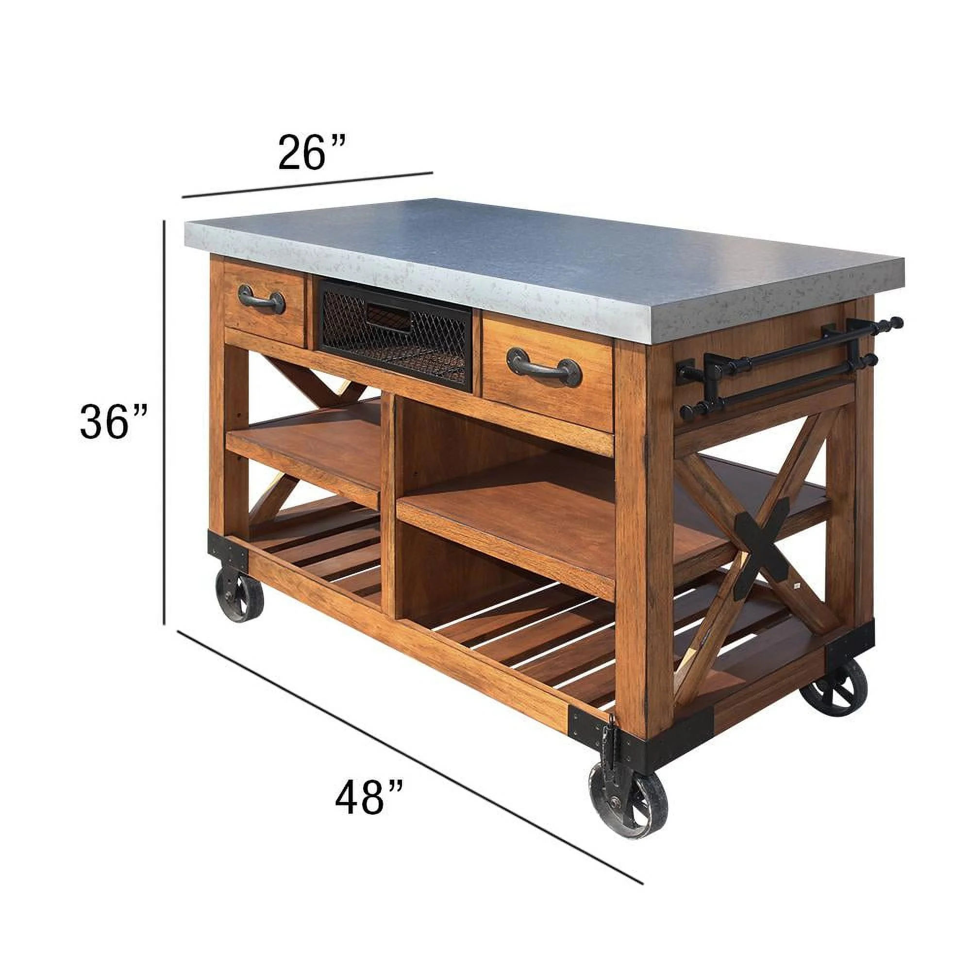 ACME Kailey 2-Drawer Wooden Kitchen Cart with 2 Shelves in Antique Oak