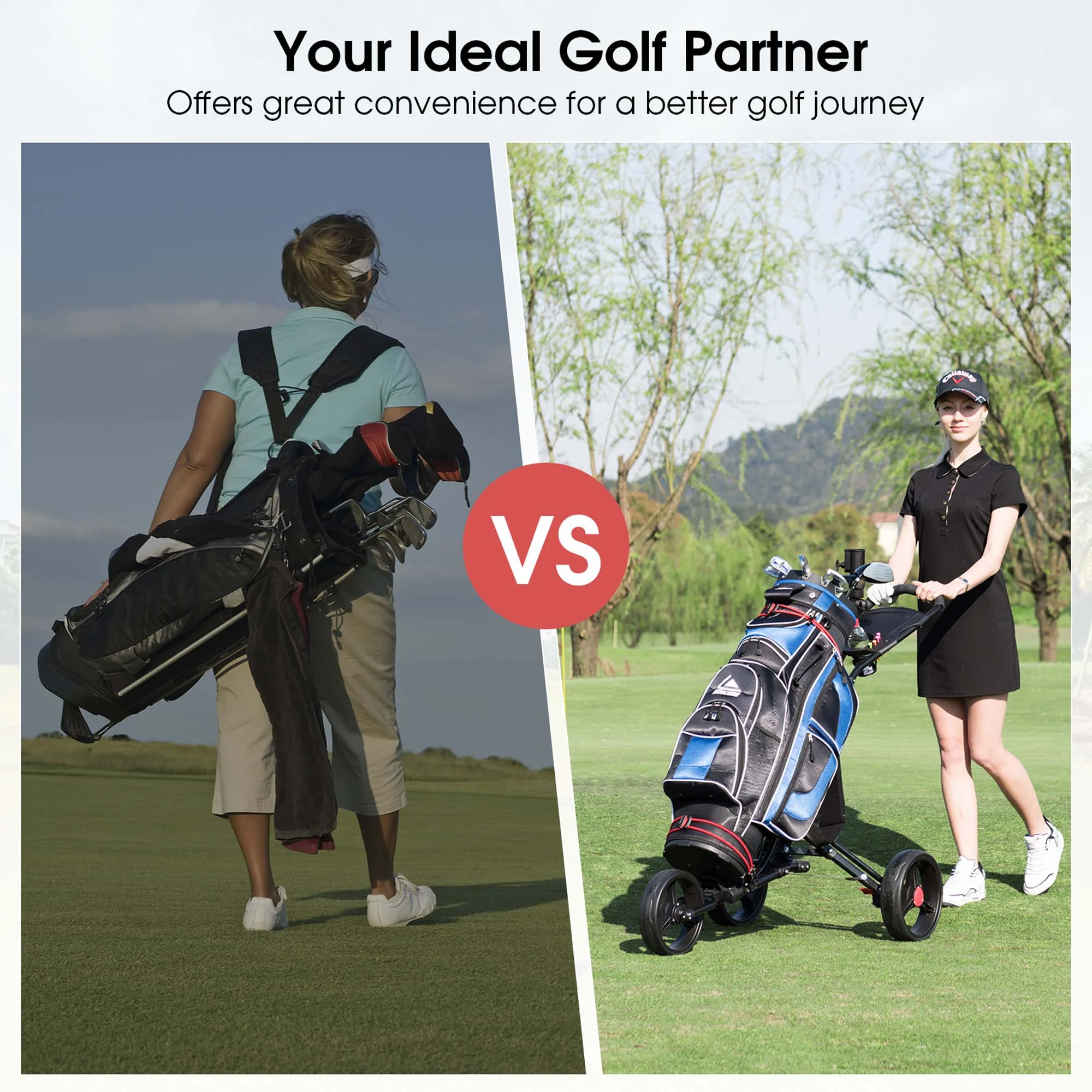 Costway Foldable 3 Wheel Steel Golf Pull Push Cart Trolley Club w/ Umbrella Holder - Image 6