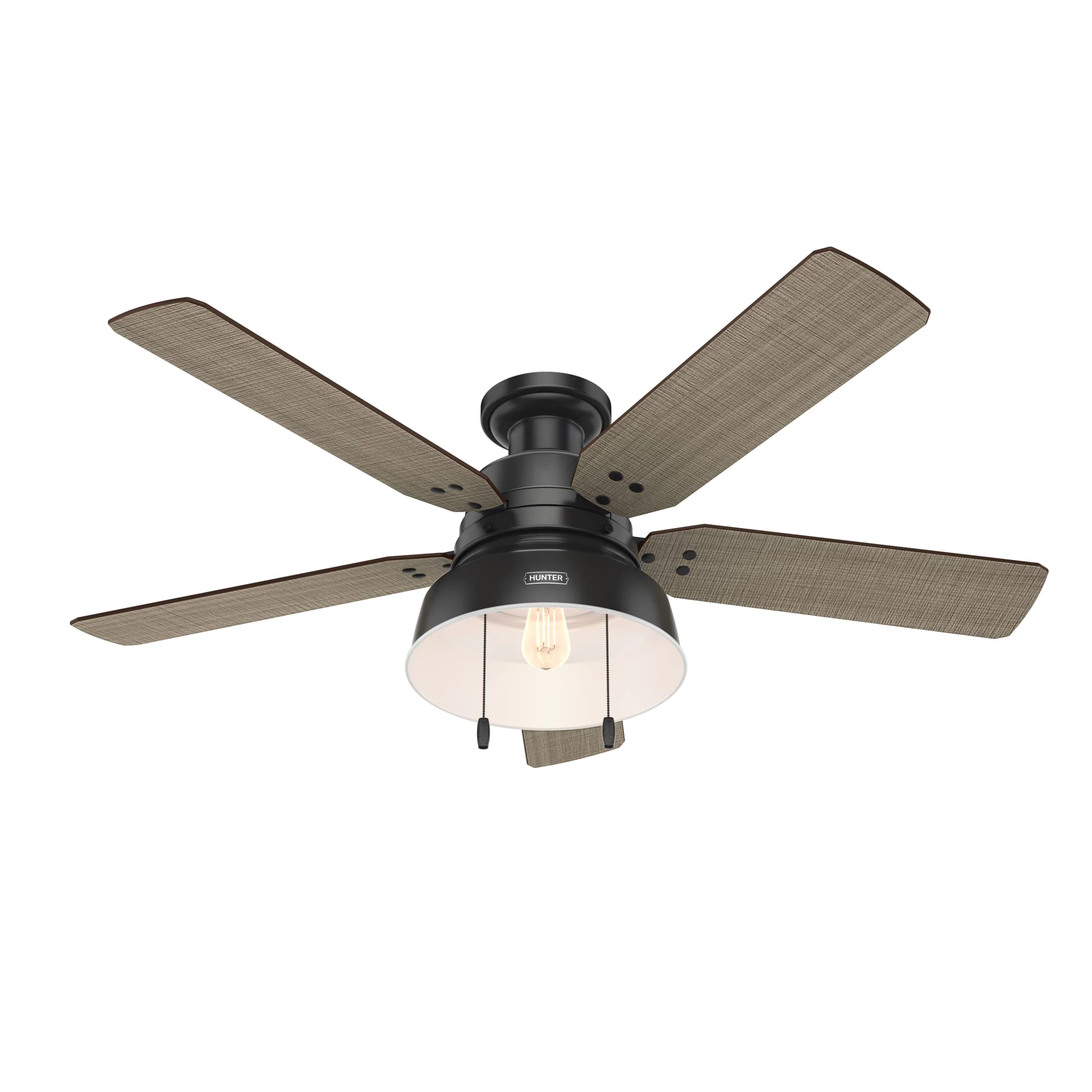 Hunter - Mill Valley Indoor/Outdoor Low Profile Ceiling Fan With Light, 52-inch, Matte Black, Rustic-style, 3-speed WhisperWind Motor, 59310, for porches, patios, sunrooms, bathrooms