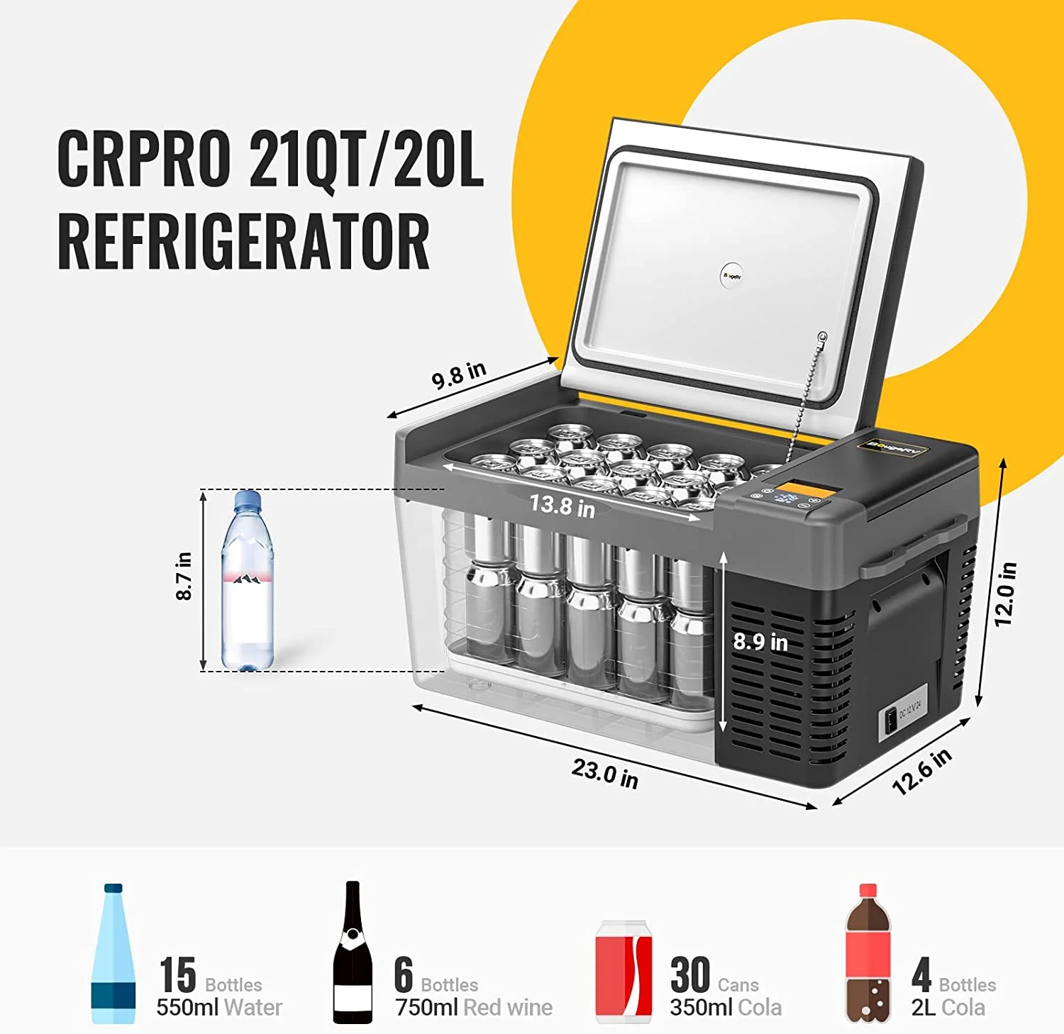 BougeRV Portable Car Refrigerator CRPRO 21 Qt, 12 Volt Fridge Compressor Freezer with -8℉~50℉ Cooling Range, 12V/24 DC & 110-240 AC for RV Truck Vehicle Boat Outdoor & Home Use Black - Image 2