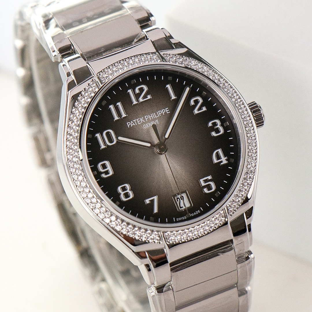 Fake Diamond Watch Replica Patek Philippe Twenty~4 Ladies Stainless Steel Grey Sunburst Dial 7300/1200A-010(1:1 replica) - Top club