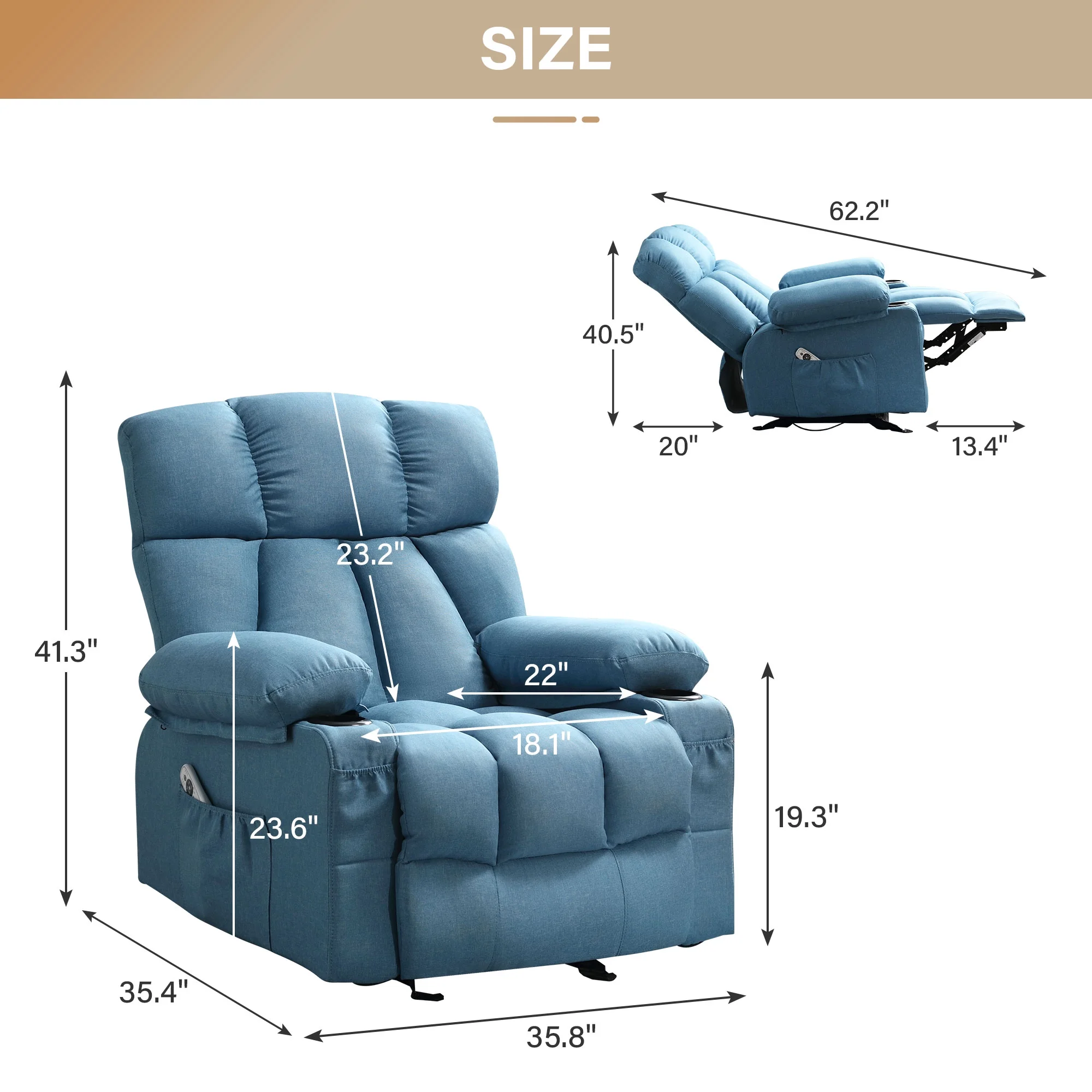 JONPONY Manual Recliner Chair with Heat Therapy and Massage Function, Heavy Duty Reclining Mechanism Massage Chair, Elderly Single Rocker Sofa with Cup Holders for Bedroom Home Theater,Grey - Image 54
