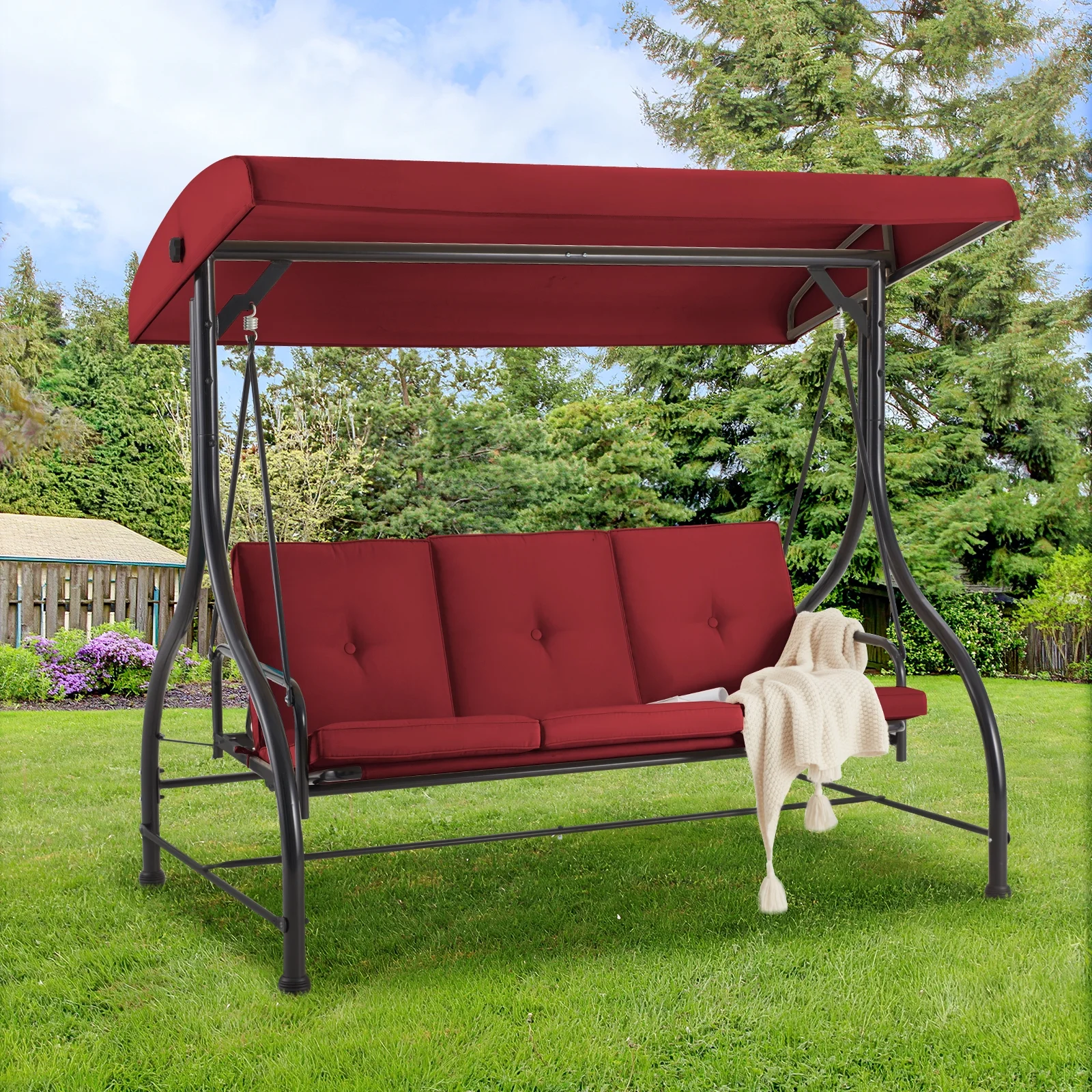 AECOJOY 3 Person Canopy Steel Porch Swing, Converting Swing Glider Hammock-Beige - Image 25