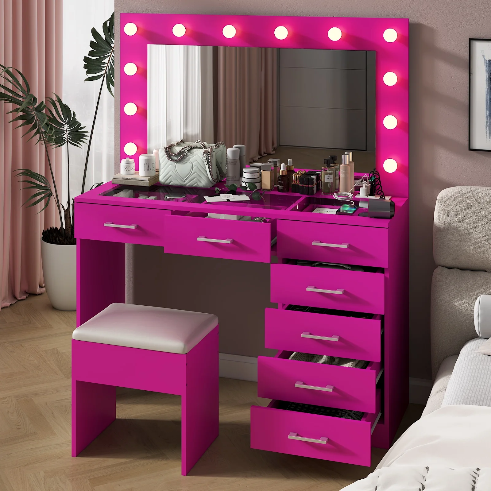 Ktaxon Large Makeup Vanity, Vanity Table Set w/ Visible Glass Top w/ Charging Station, White - Image 66