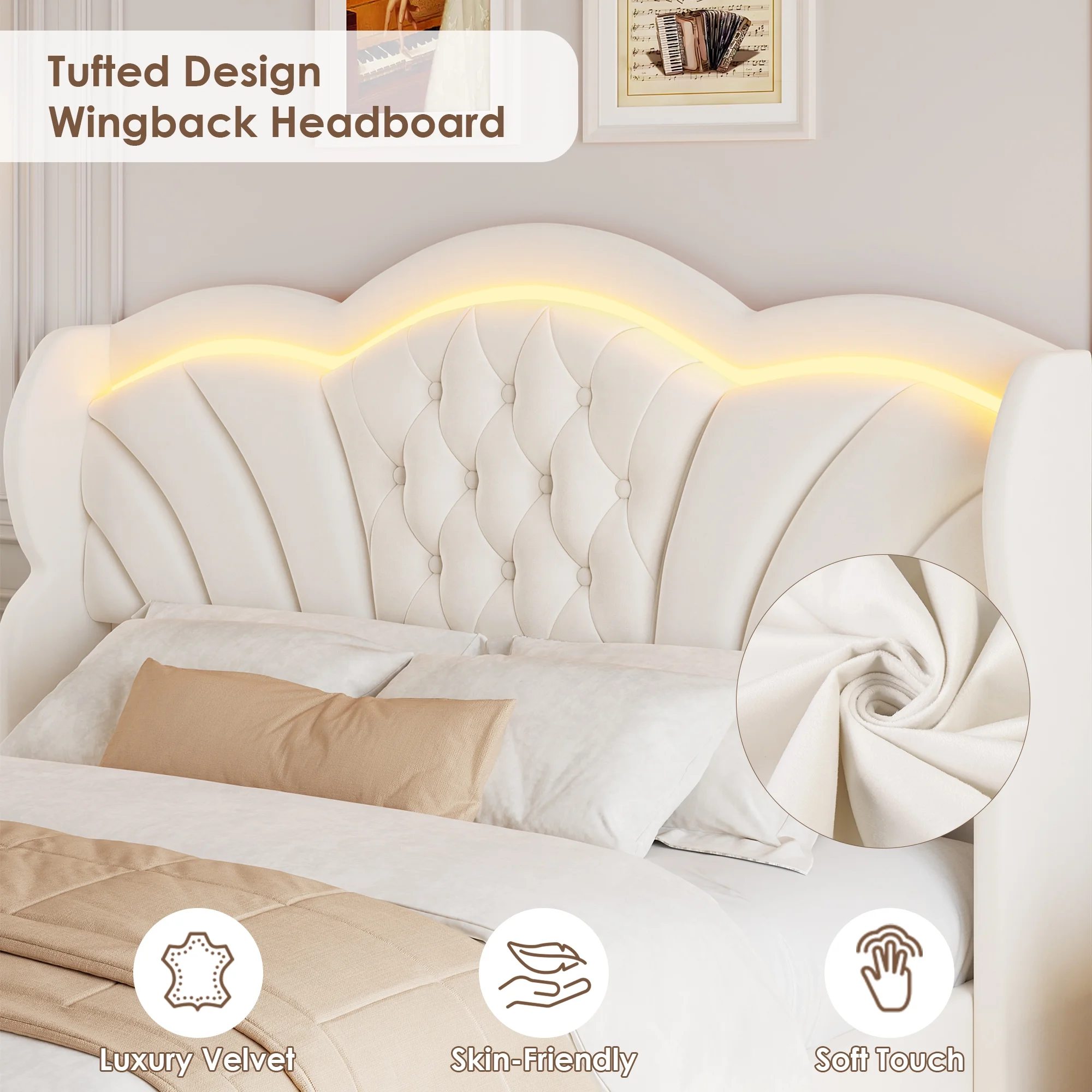 Hiphuta Modern Queen Bed Frame with 2 Drawers, LED Lights Platform Bed Frame, Sturdy Beds Frame with Upholstered Button Tufted Headboard, Velvet White - Image 5