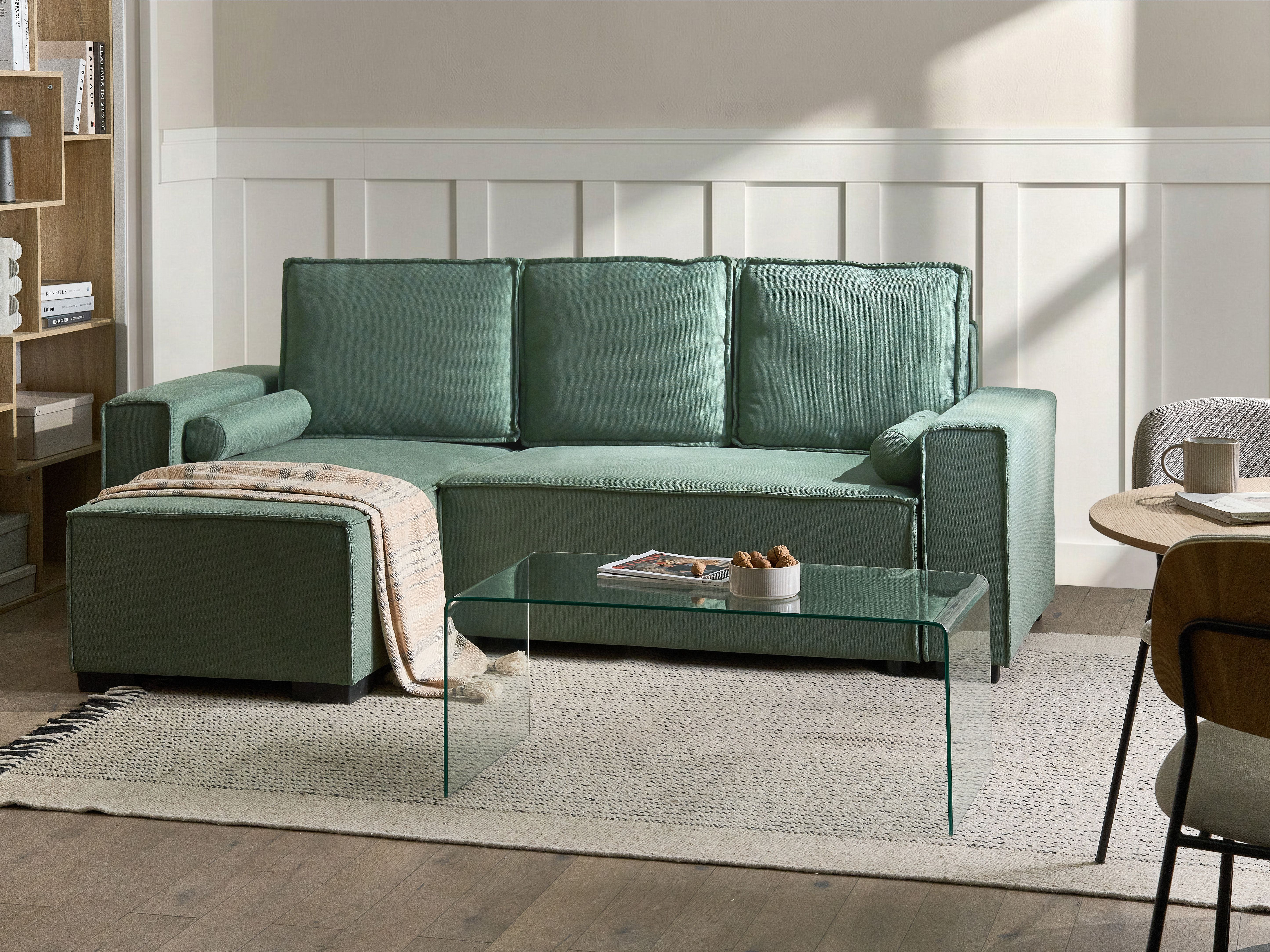 Corner Sofa Bed 3 Seater EDANE Fabric Light Green with Storage Right Hand