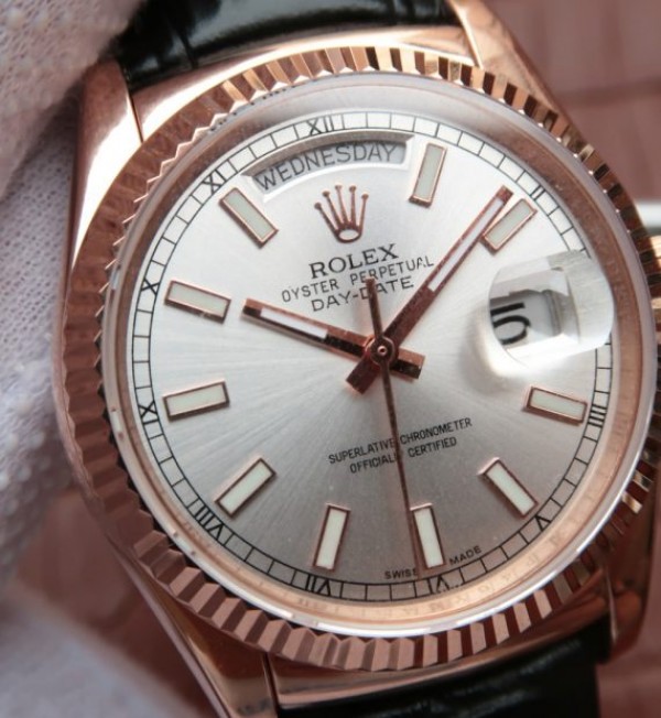 Replica Rolex Day-Date 118135 RG Silver Dial Black Leather Strap A2836 - Elite Watch Atelier