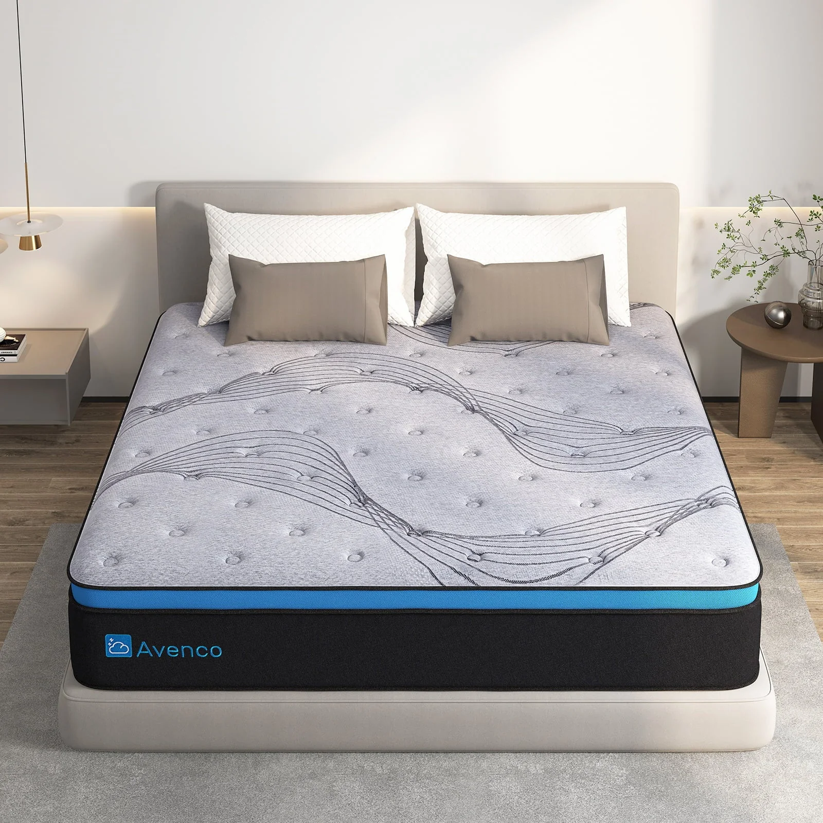 Avenco Queen Size Firm, 12-Inch Hybrid Mattress in a Box, Innerspring and Gel Memory Foam, Gray, Pillow Top