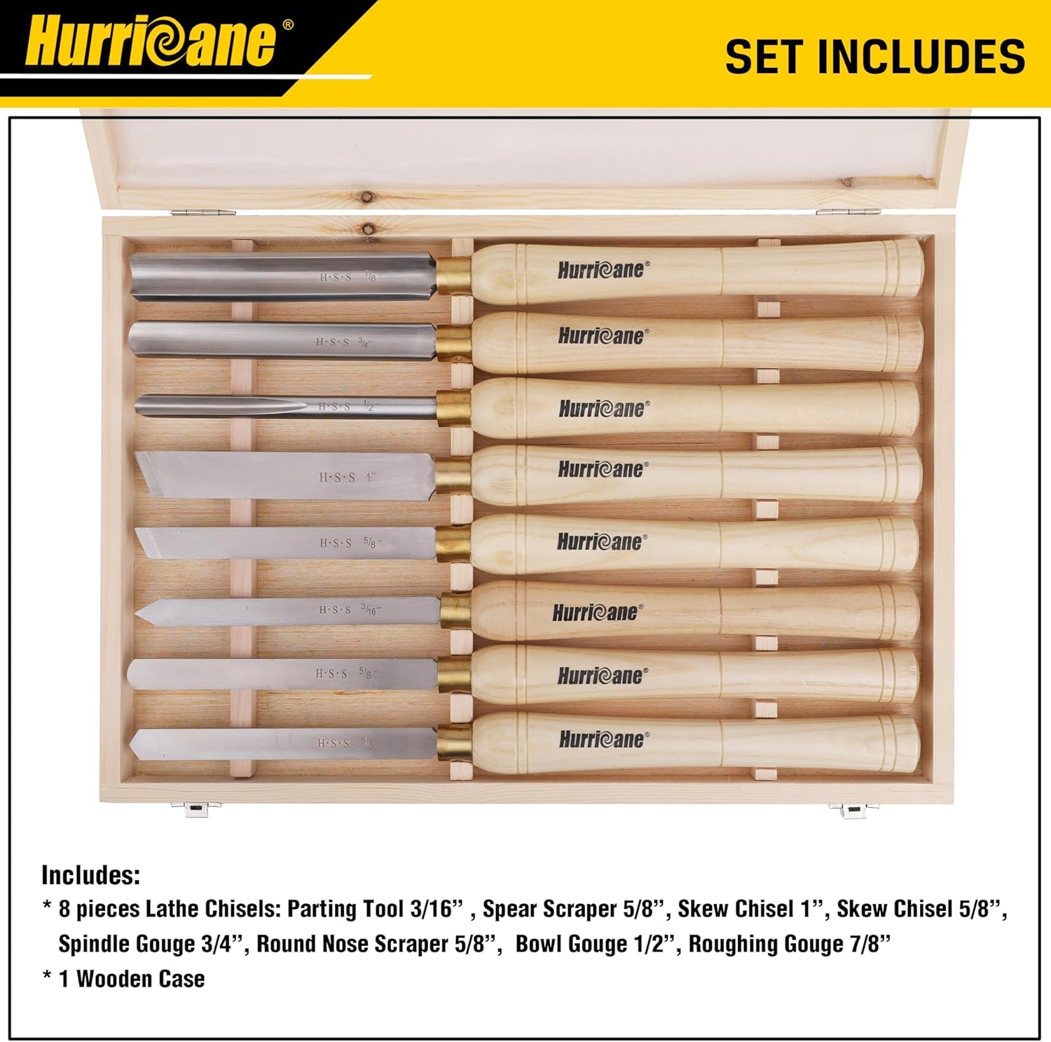 HURRICANE 8pc Wood Lathe Chisel Set, M2 HSS Wood Turning Tools with 10