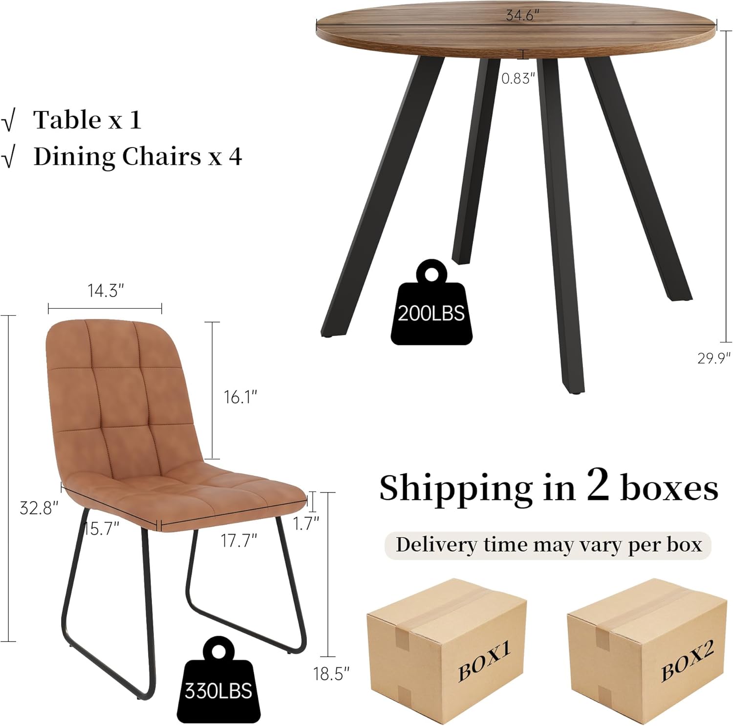 34.6'' Round Dining Table and Chairs for 4 Space Saving for Apartment Kitchen Dining Room (Walnut Table+4 U-Shaped Brown Chairs)