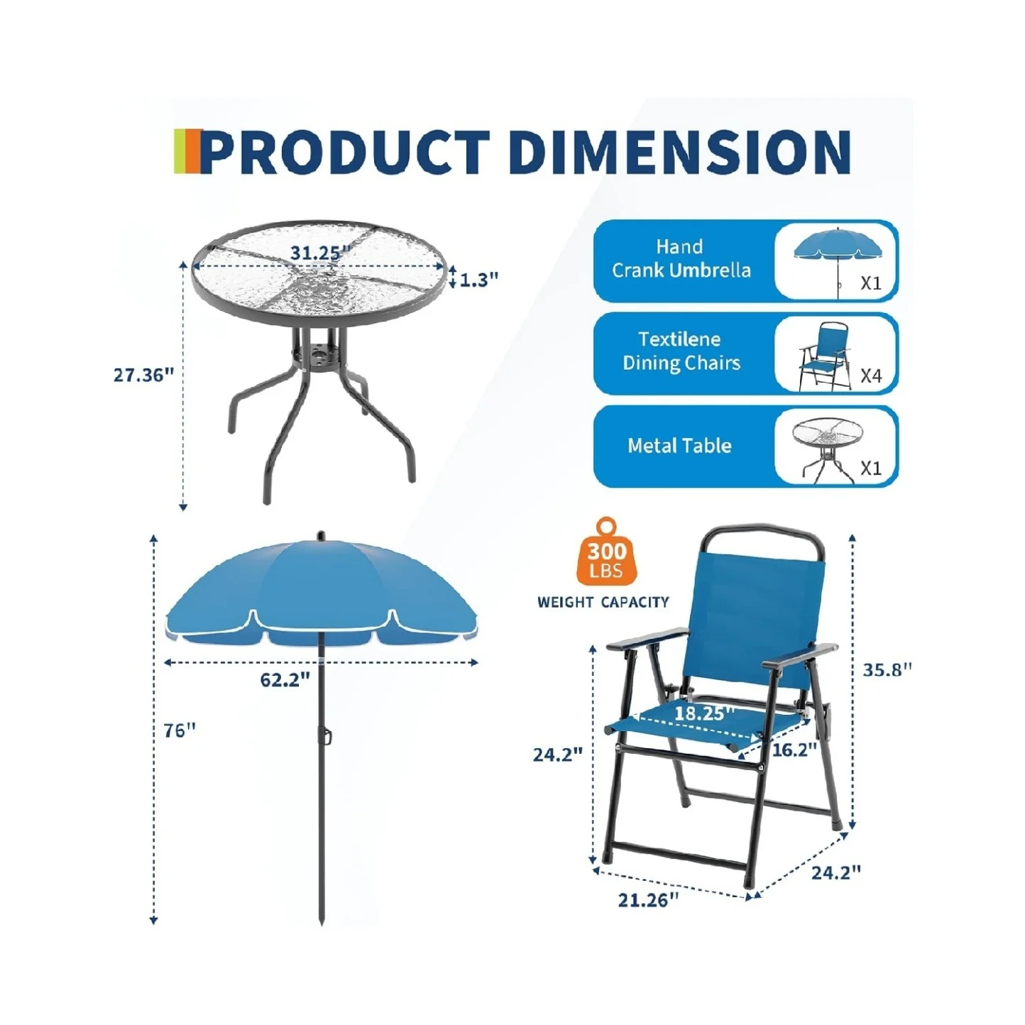 6 Pieces Outdoor Dining Set With Umbrella, Patio Table and 4 Folding Chairs With Umbrella, Garden Patio Furniture Set With Umbrellas, Tempered Glass Top Dining Table - Image 14