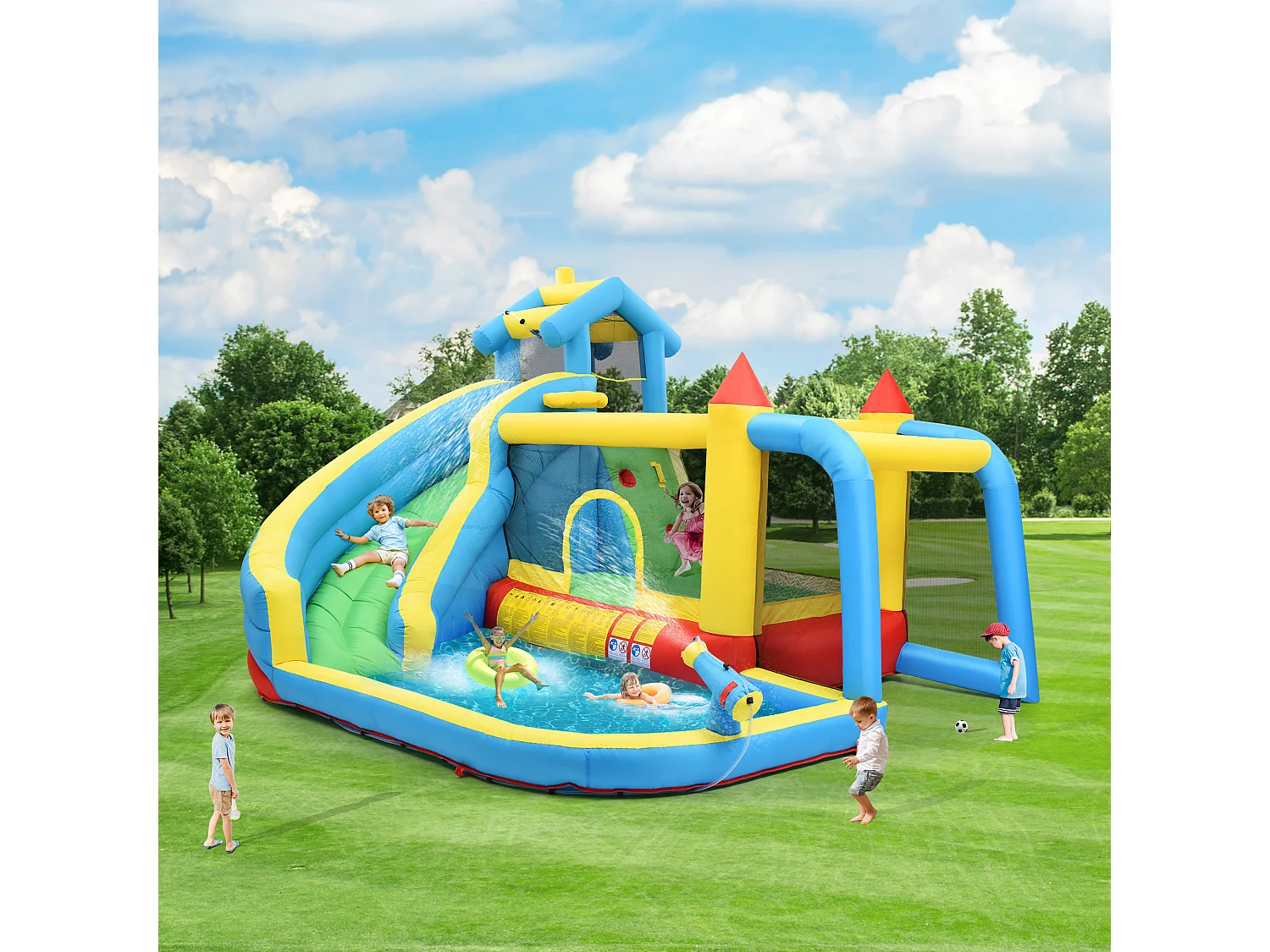 Château gonflable enfant 5-en-1 avec toboggan et piscine - Tissu Oxford bleu 364x315x239 cm