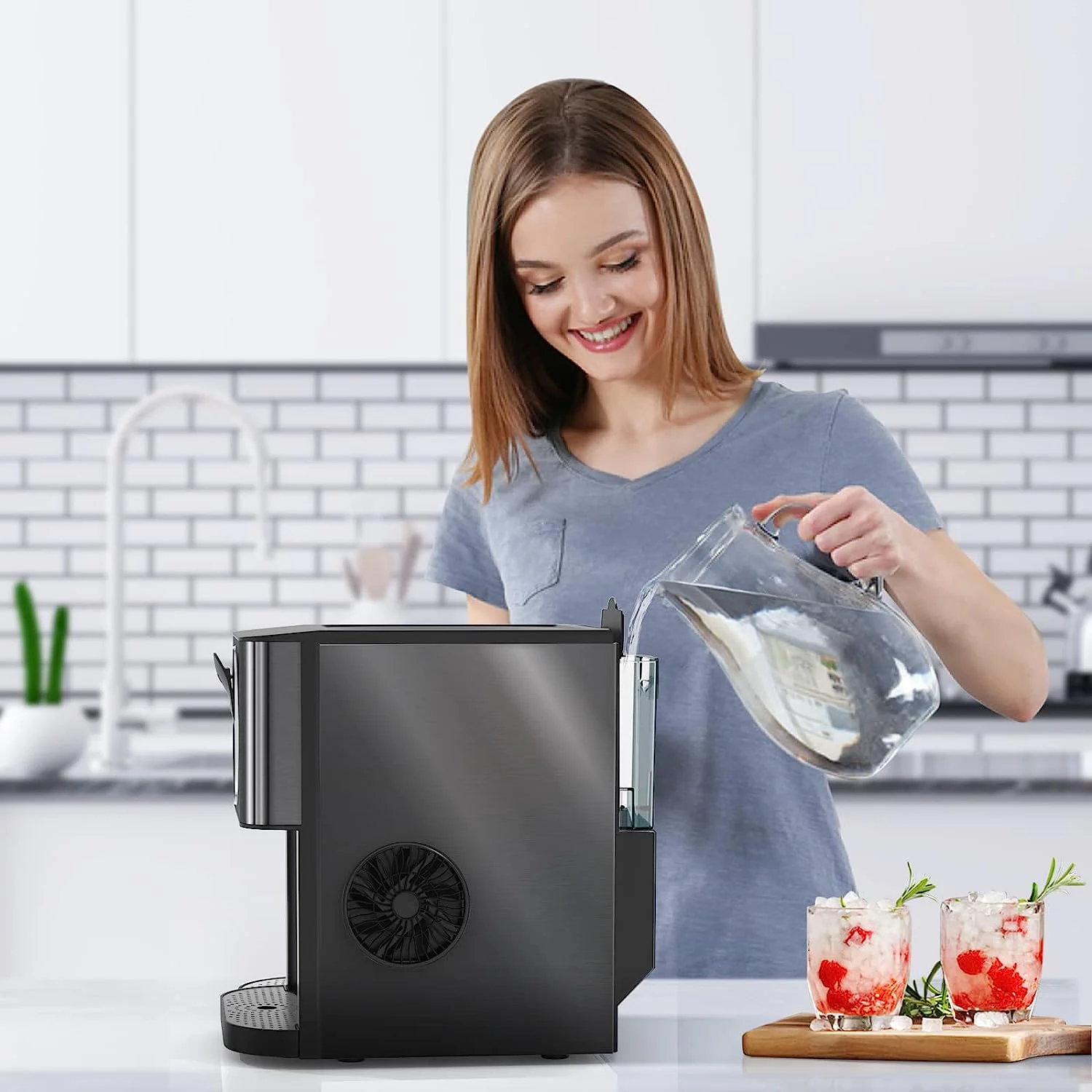 Auseo Ice Maker Countertop with Soft Chewable Ice, 44 Lbs/24H, Self-Cleaning, One-Click Operation for Home/Party(Black)