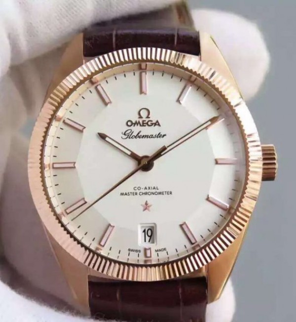 Replica Omega Globemaster Master RG Case White Dial Brown Leather Strap A8901 - Top club
