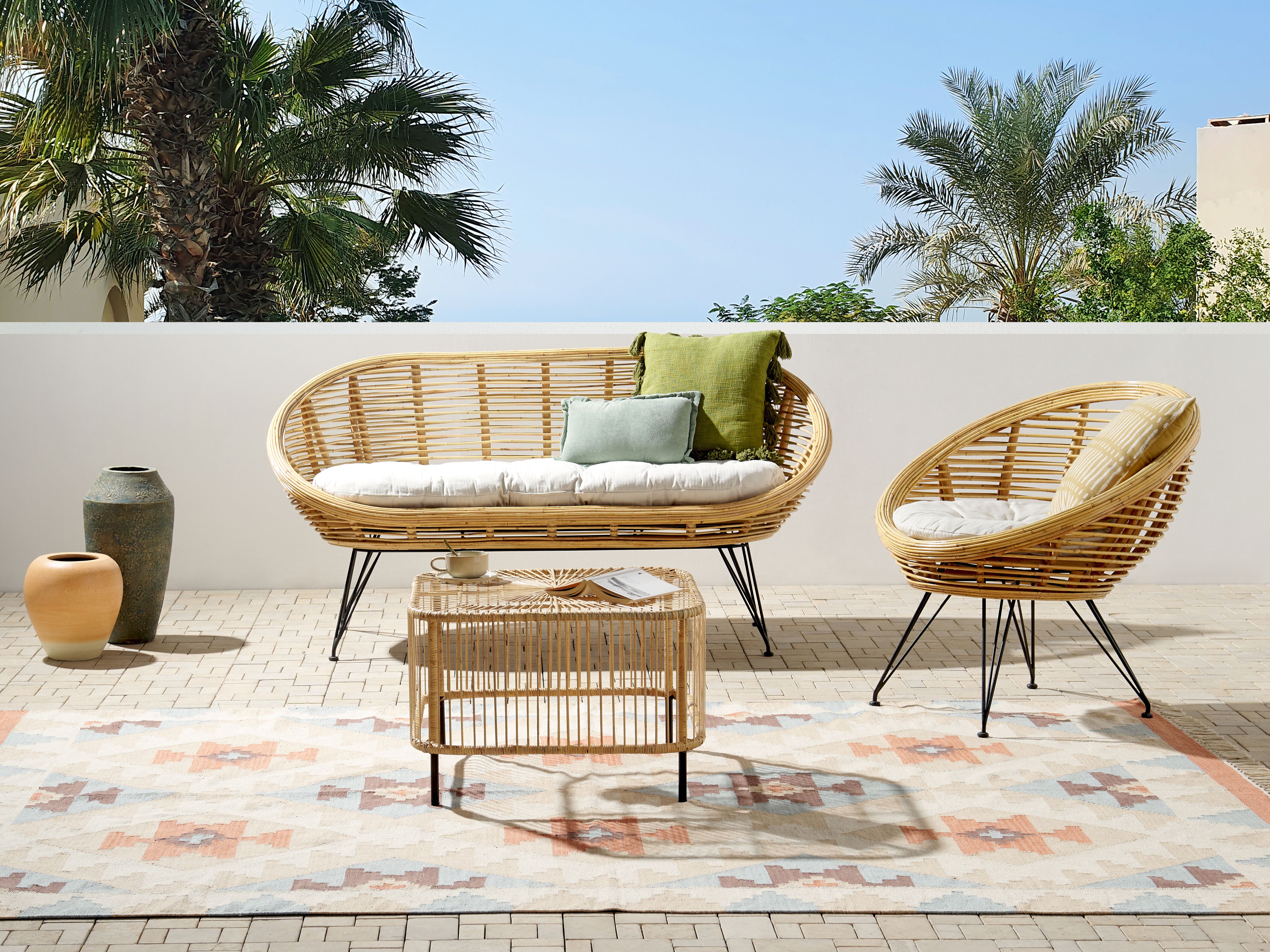 Garden Lounge Set with Table 3 Seater MARATEA/CESENATICO Rattan Natural