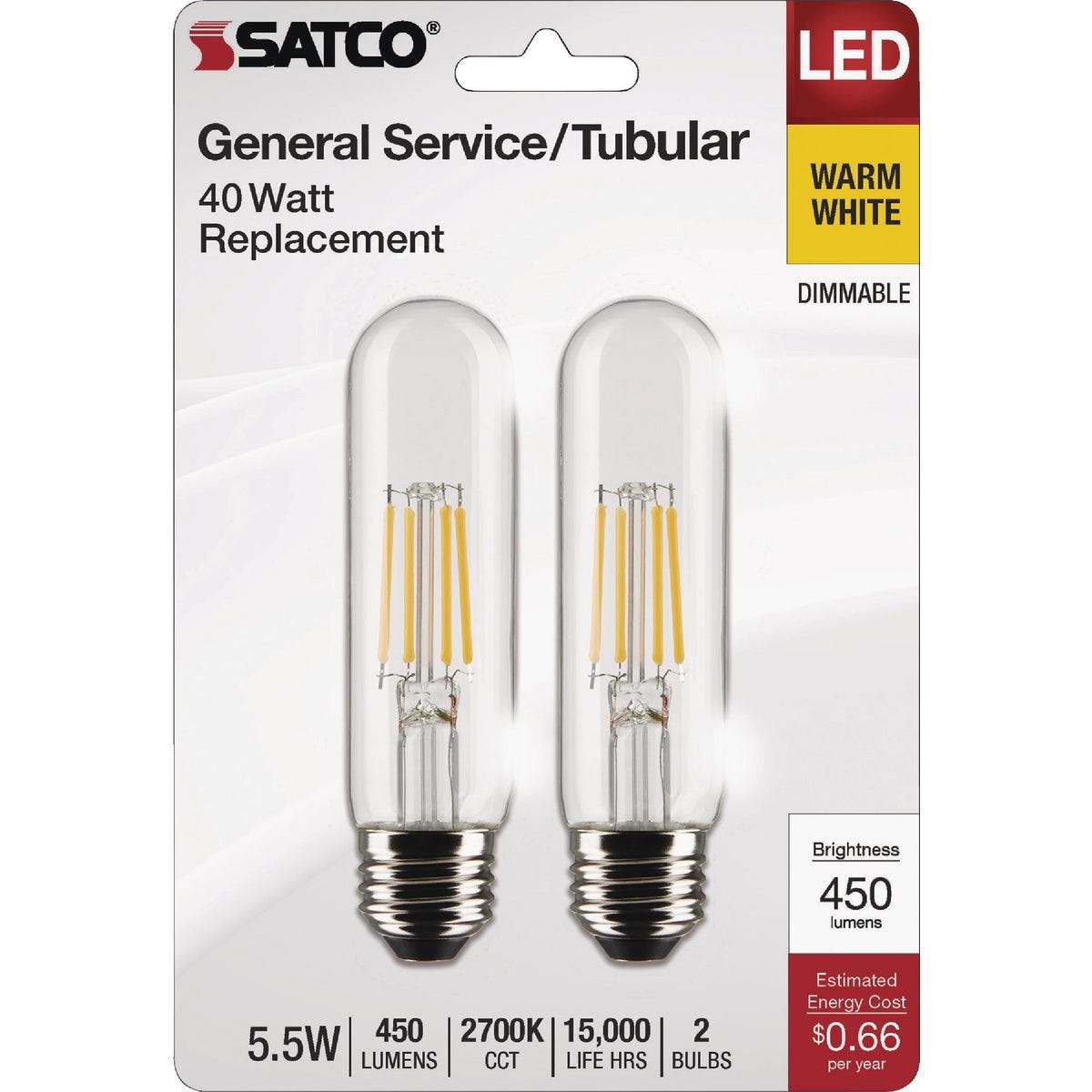 Satco 40W Equivalent T10 Medium Base 2700K Clear LED Bulb (2-Pack)
