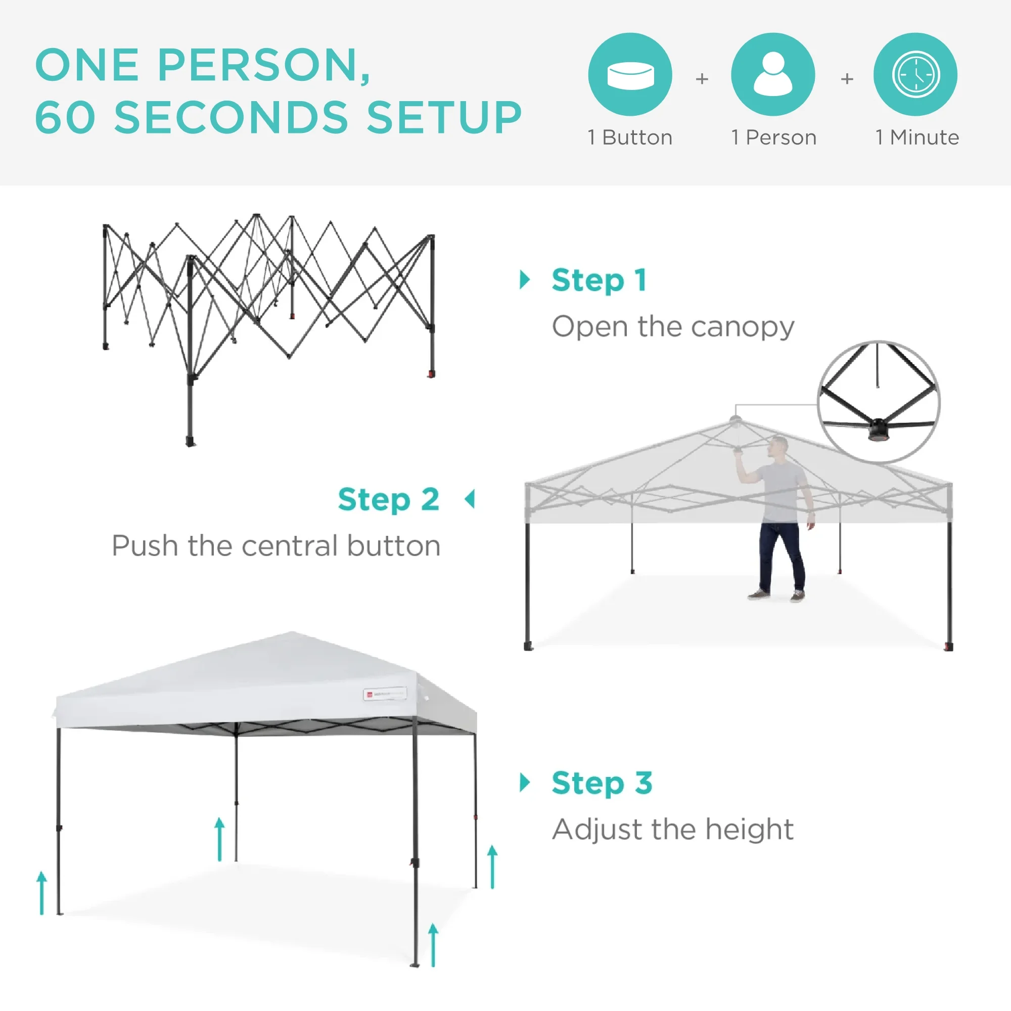 Best Choice Products 10x10ft Easy Setup Pop Up Canopy w/ 1-Button Setup, Wheeled Case, 4 Weight Bags - White - Image 4