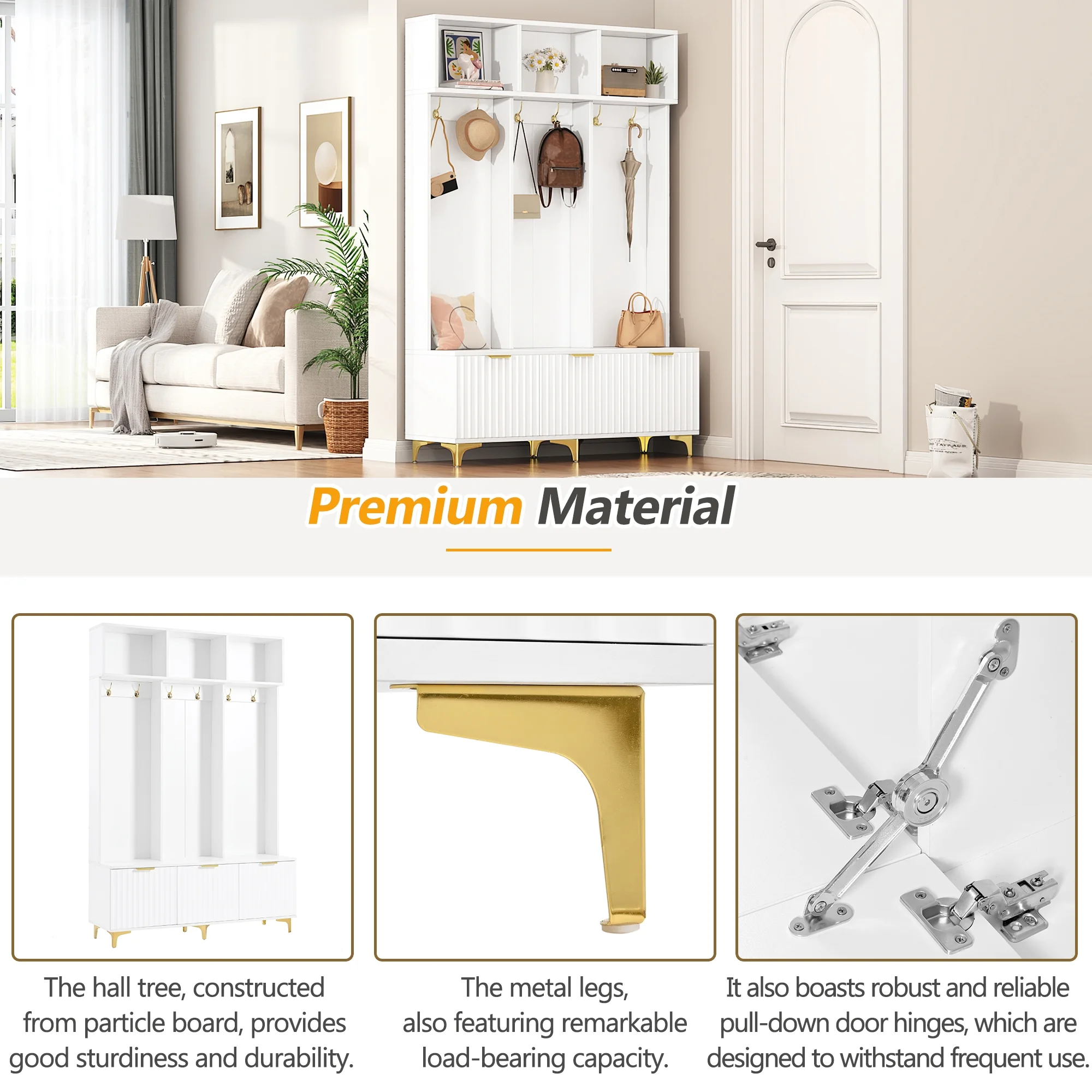 Euroco Modern Hall Tree with High Gloss Fluted Doors, Gold Accents, Shoe Storage & Bench a?? Entryway Organizer with Cubbies and Coat Hooks - Image 15