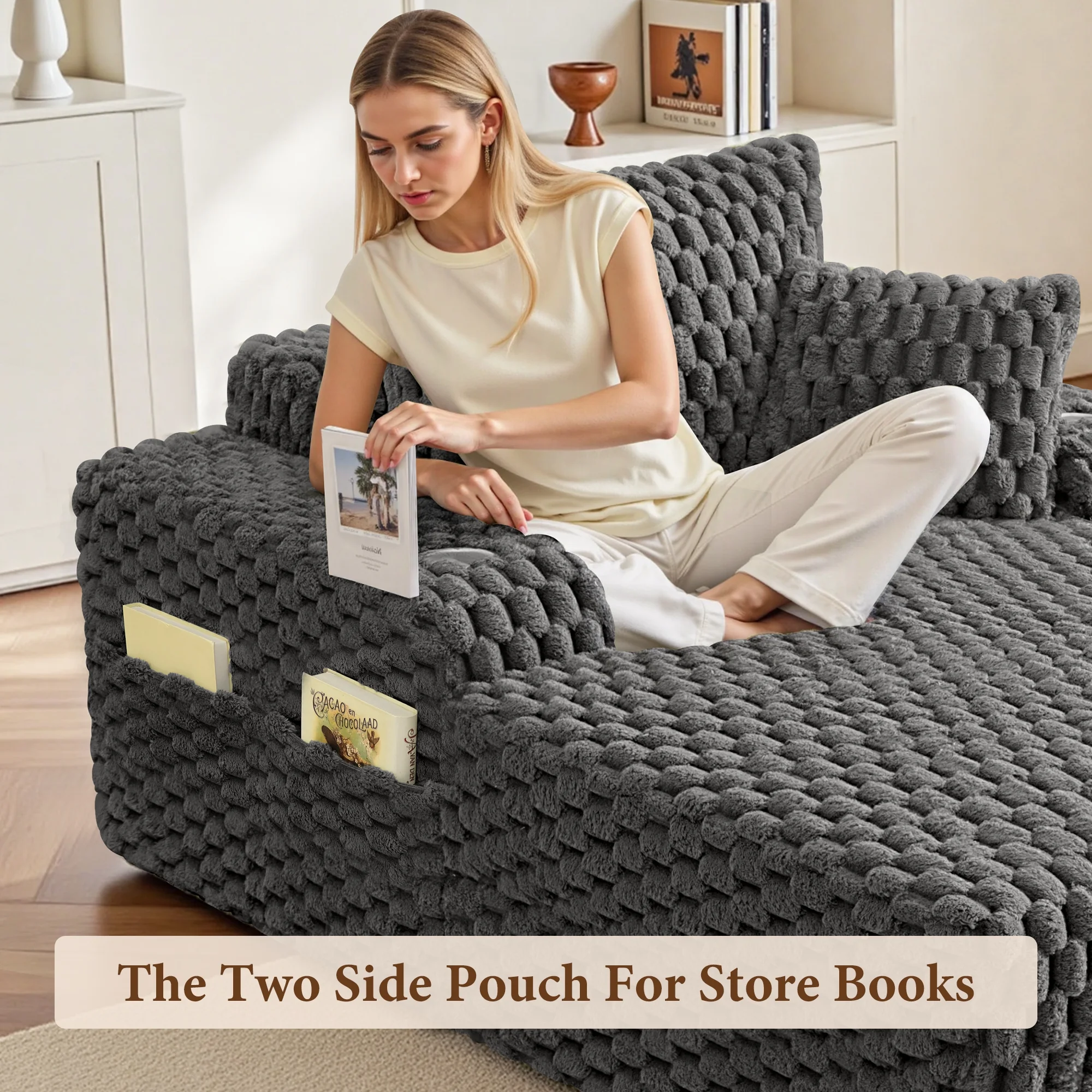 ATHOPE 53"W Oversized Chaise Lounge Chair Indoor, Corduroy Couch Chair with Pillows, Comfy Reading Chairs with Wide Arms, Upholstered Sleeper Sofa for Living Room, No Assembly Required, Gray - Image 43