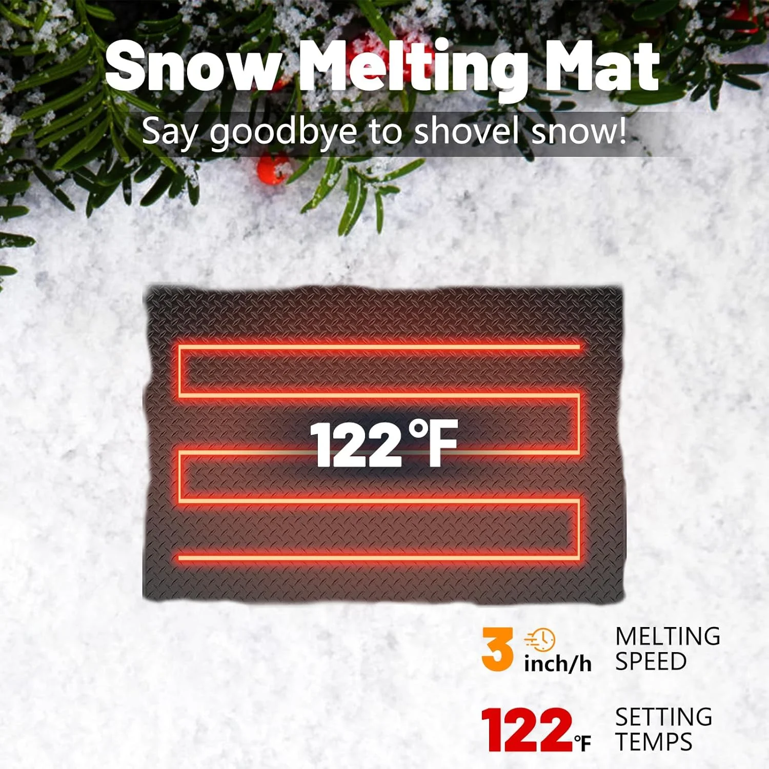 Slsy Snow Melting Mat, 20 x 30 inch, 3 in/h Melting Speed, Heated Outdoor Mats for Winter Walkway, No-Slip Rubber w/Plug & Power Cord